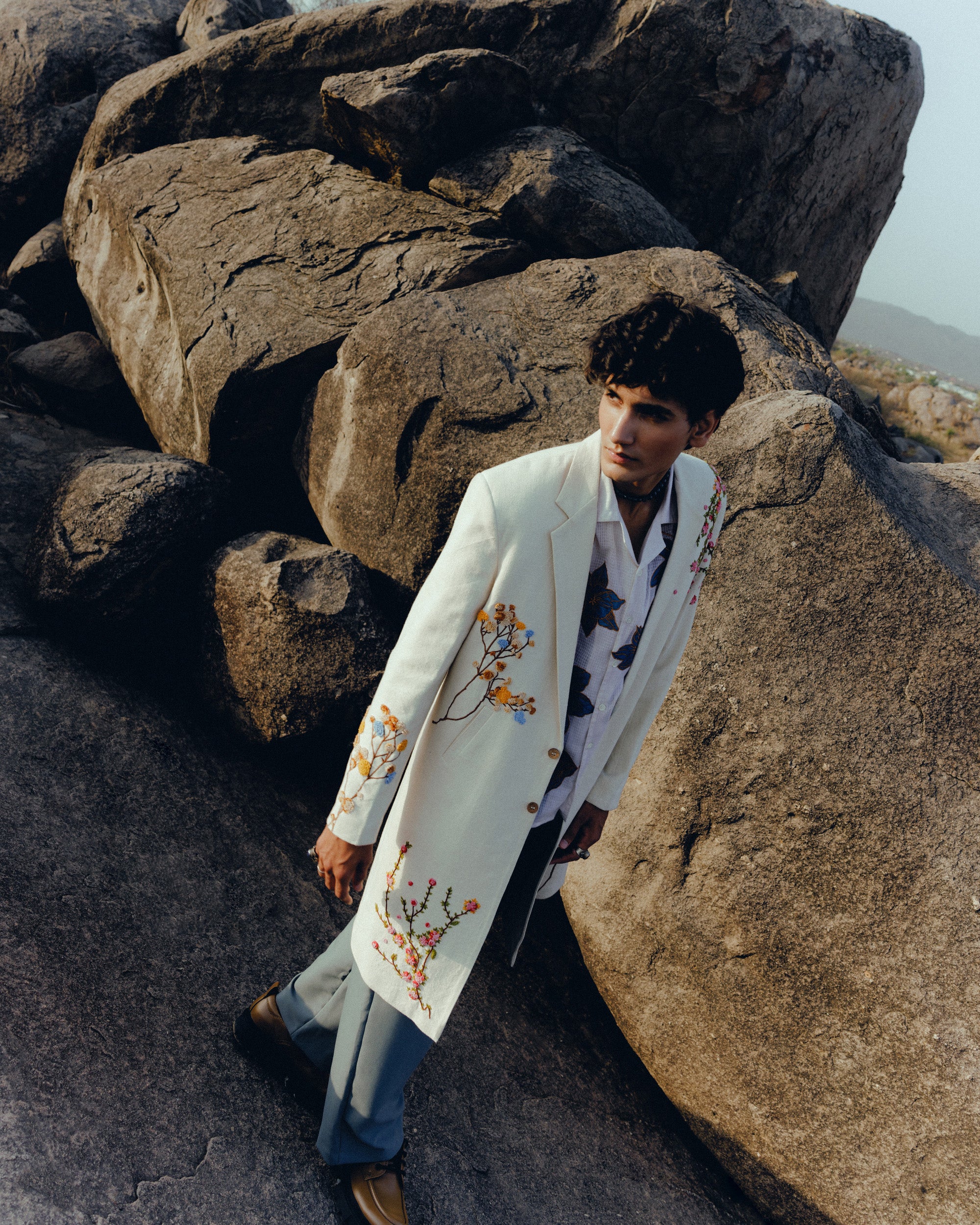 Floral hand embroidered overcoat
