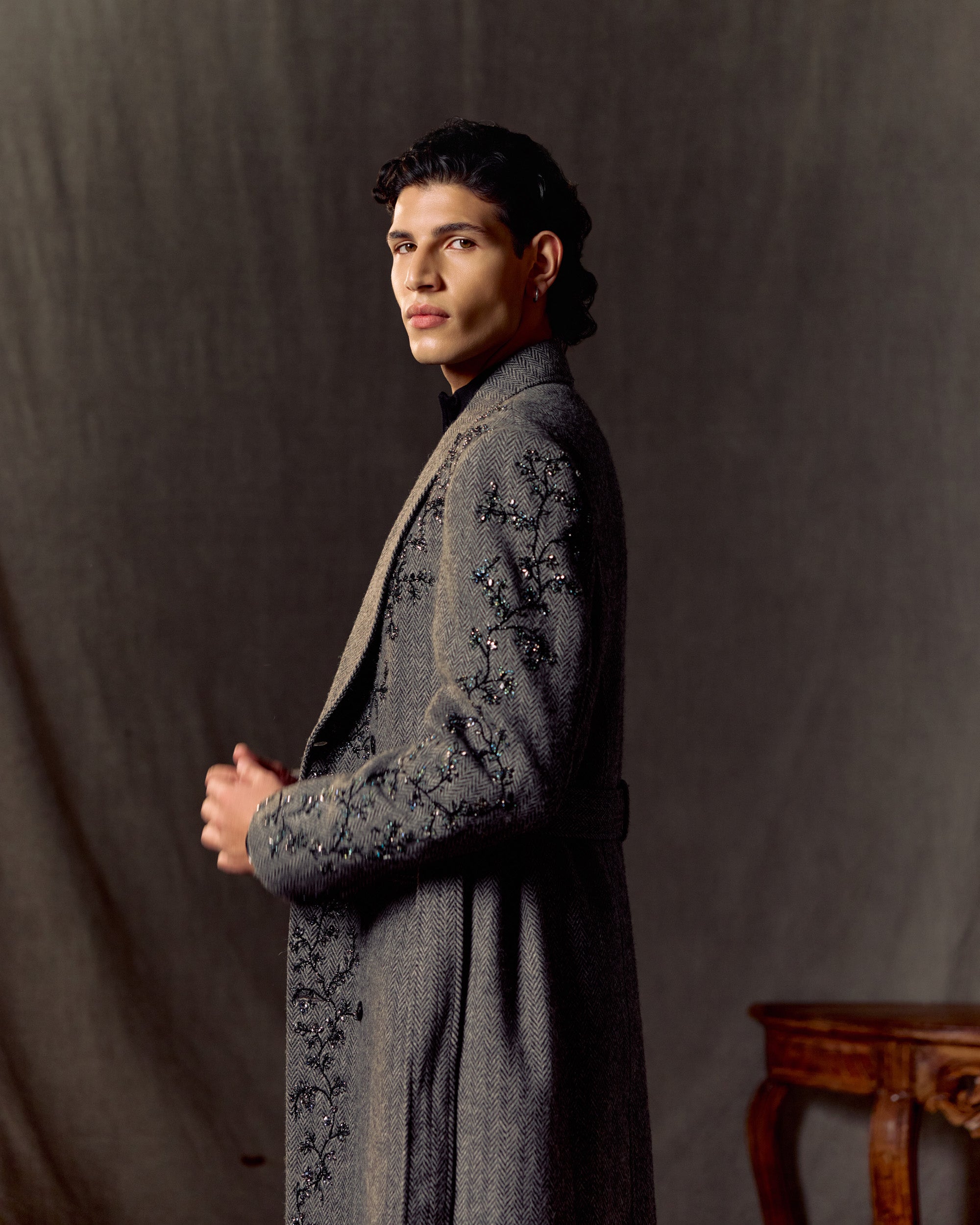 Midnight Vine Embroidered Wool Overcoat