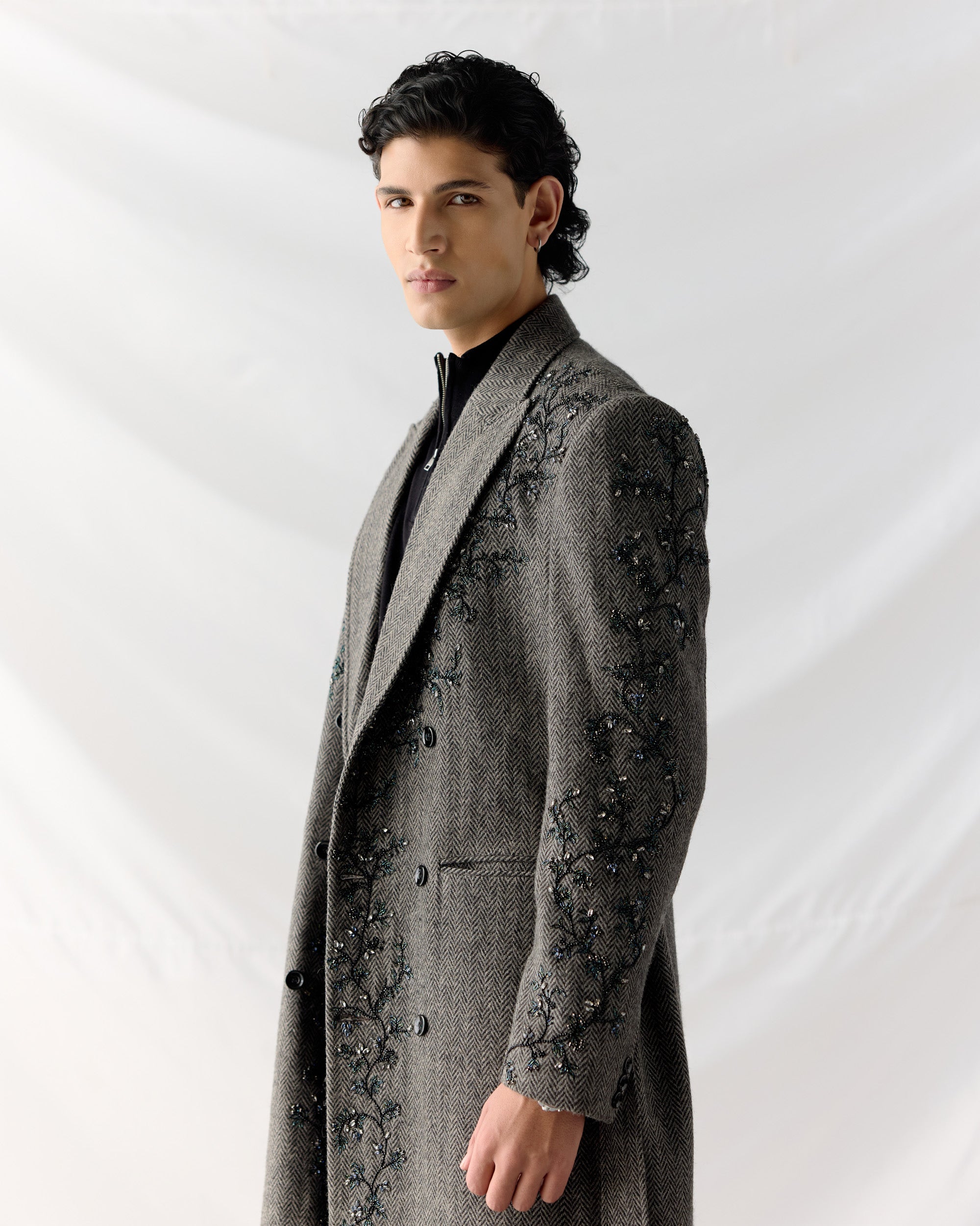 Midnight Vine Embroidered Wool Overcoat