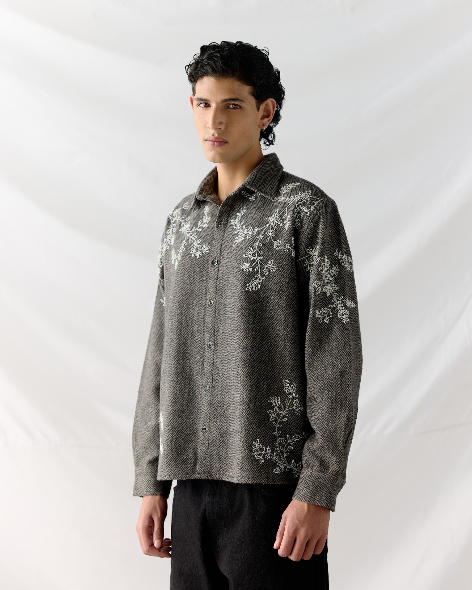 Floral wool shirt- Grey