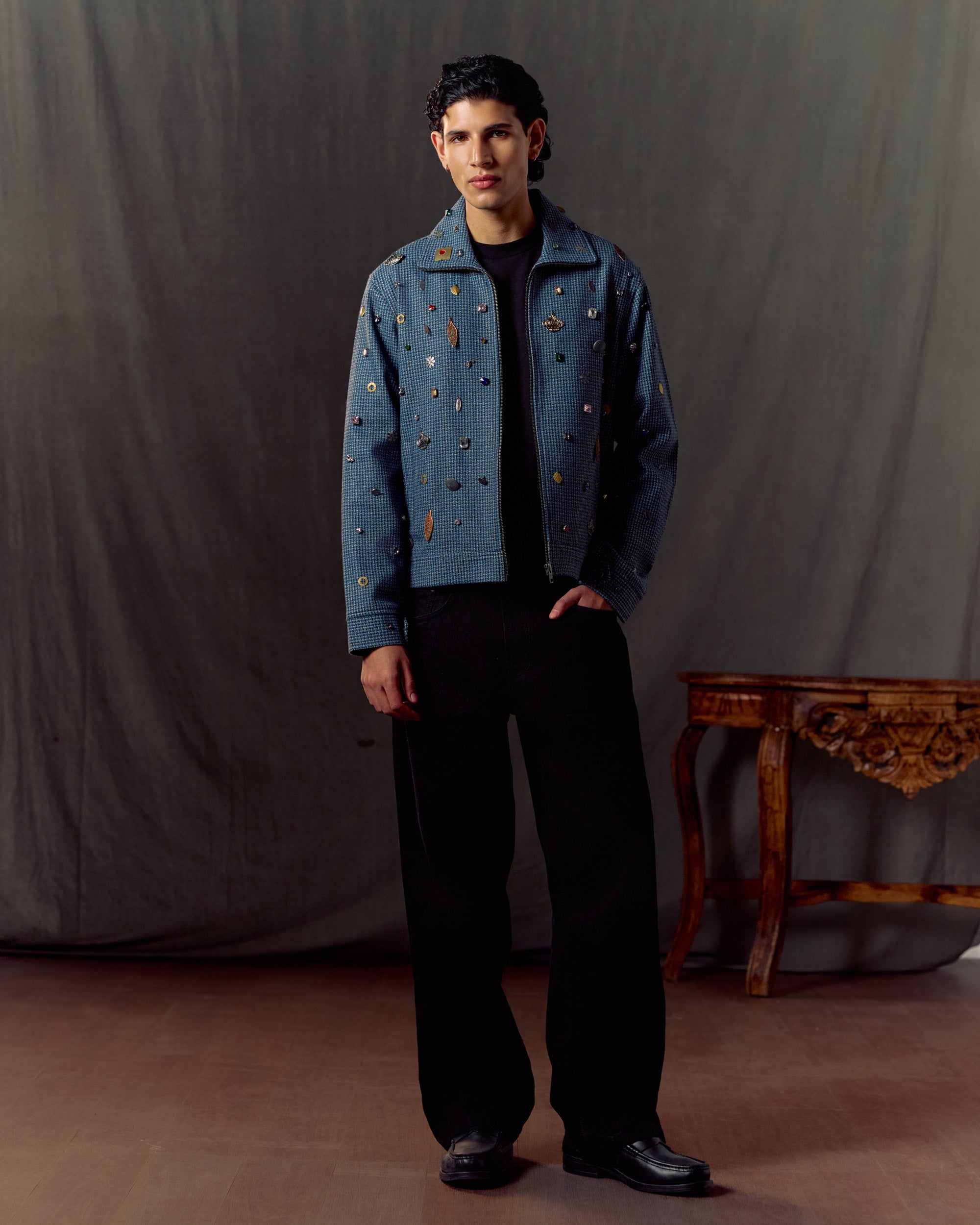 Hand embroidered wool zip up jacket- Blue