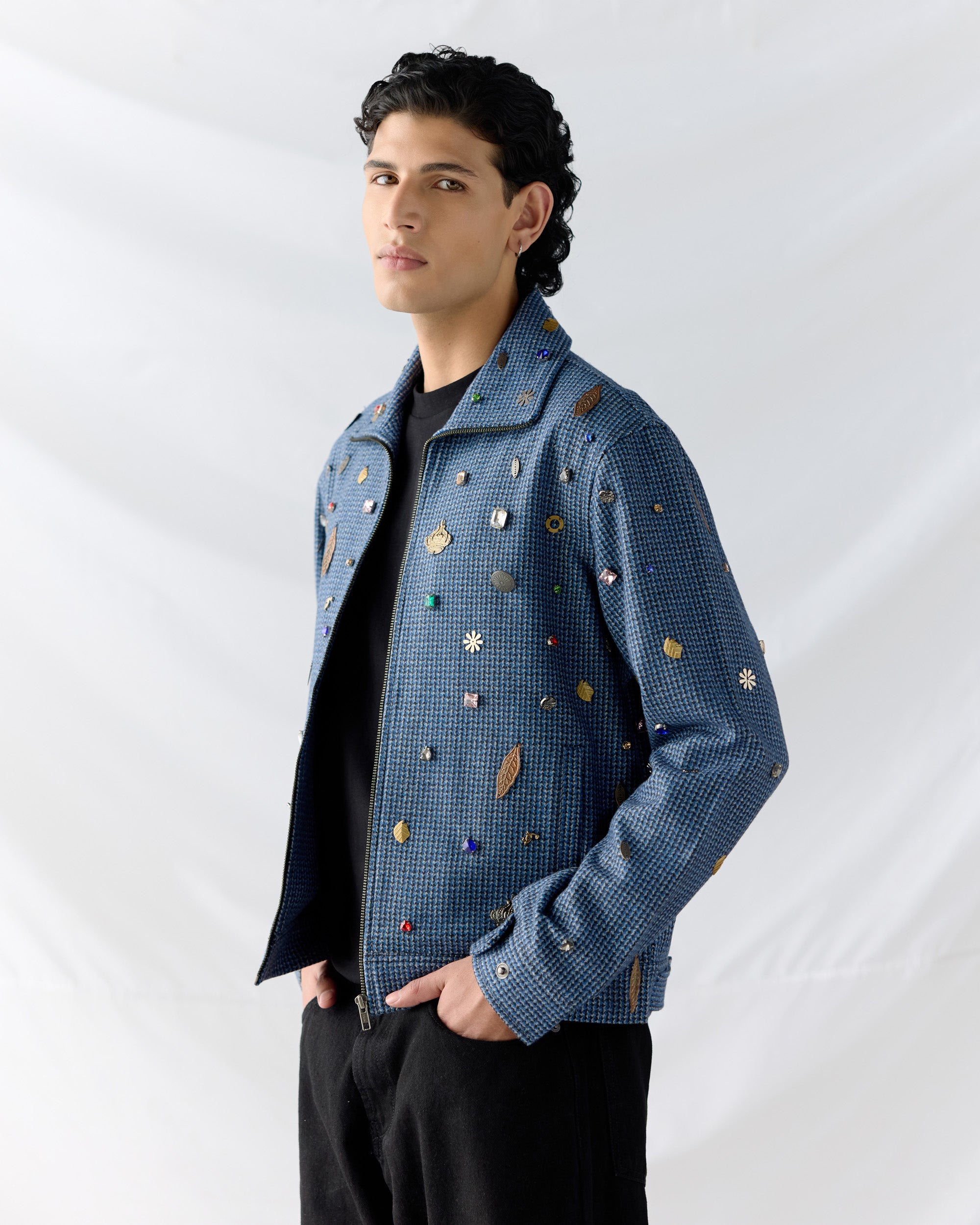 Hand embroidered wool zip up jacket- Blue