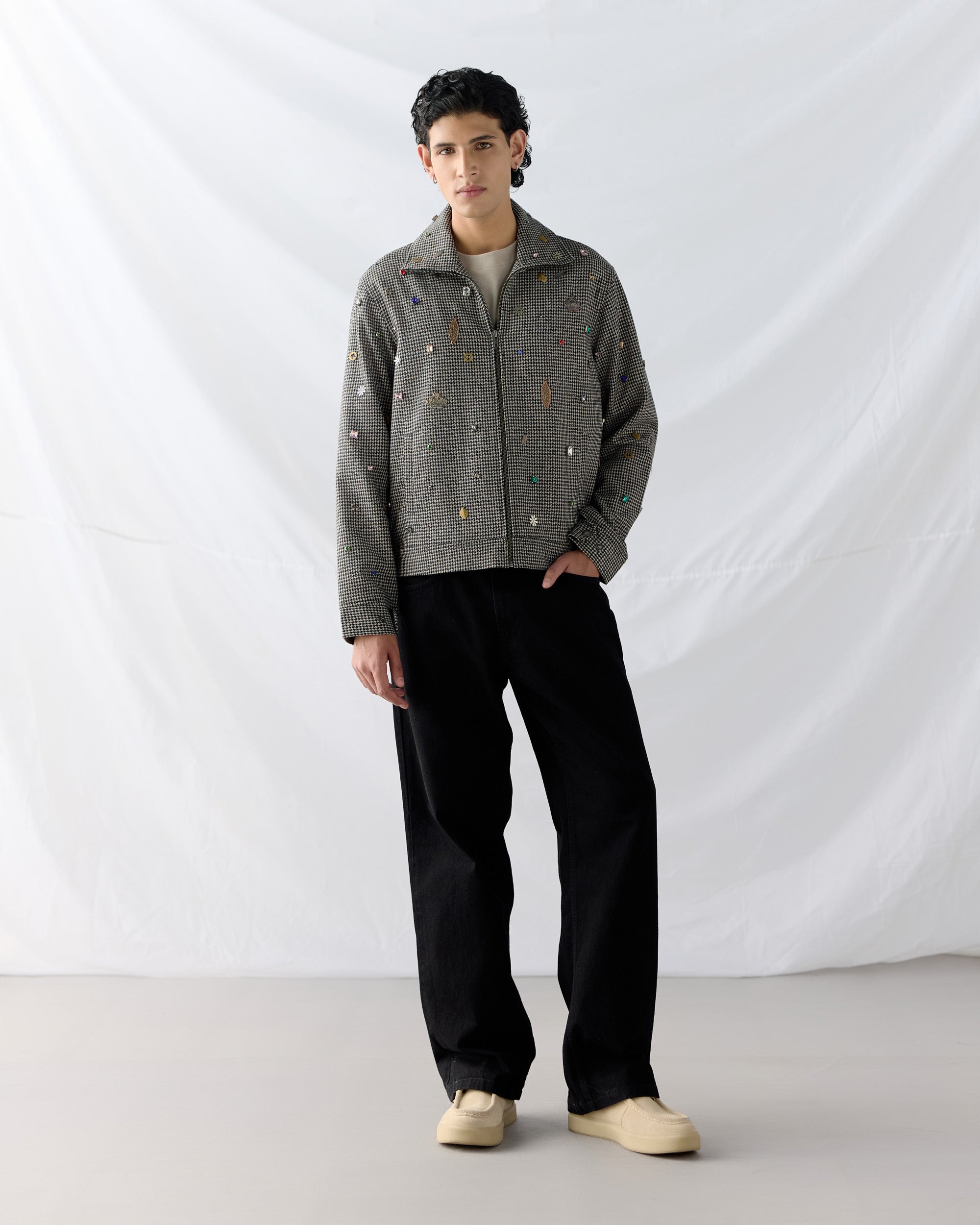 Hand embroidered wool zip up jacket