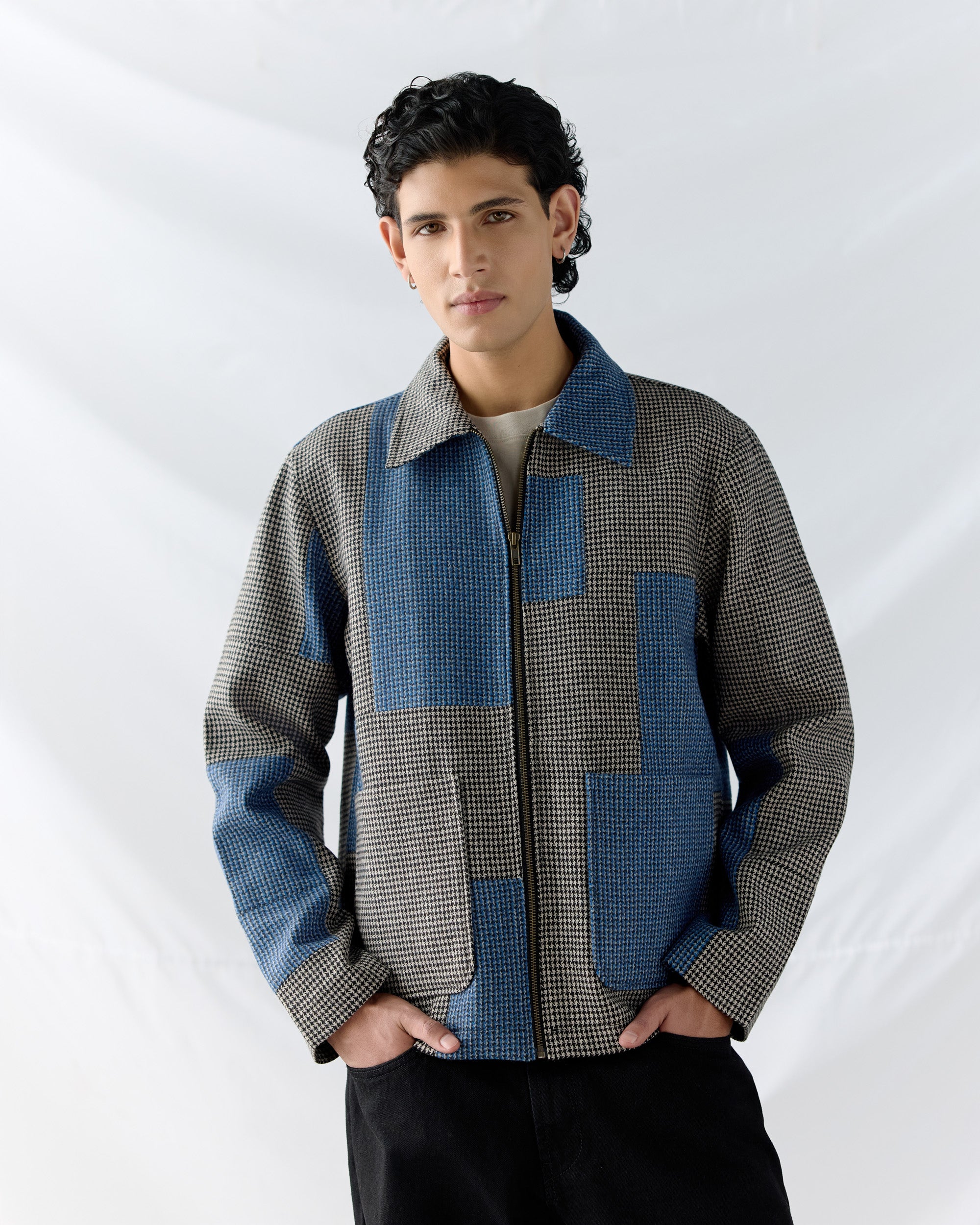 Patchwork wool zip up jacket