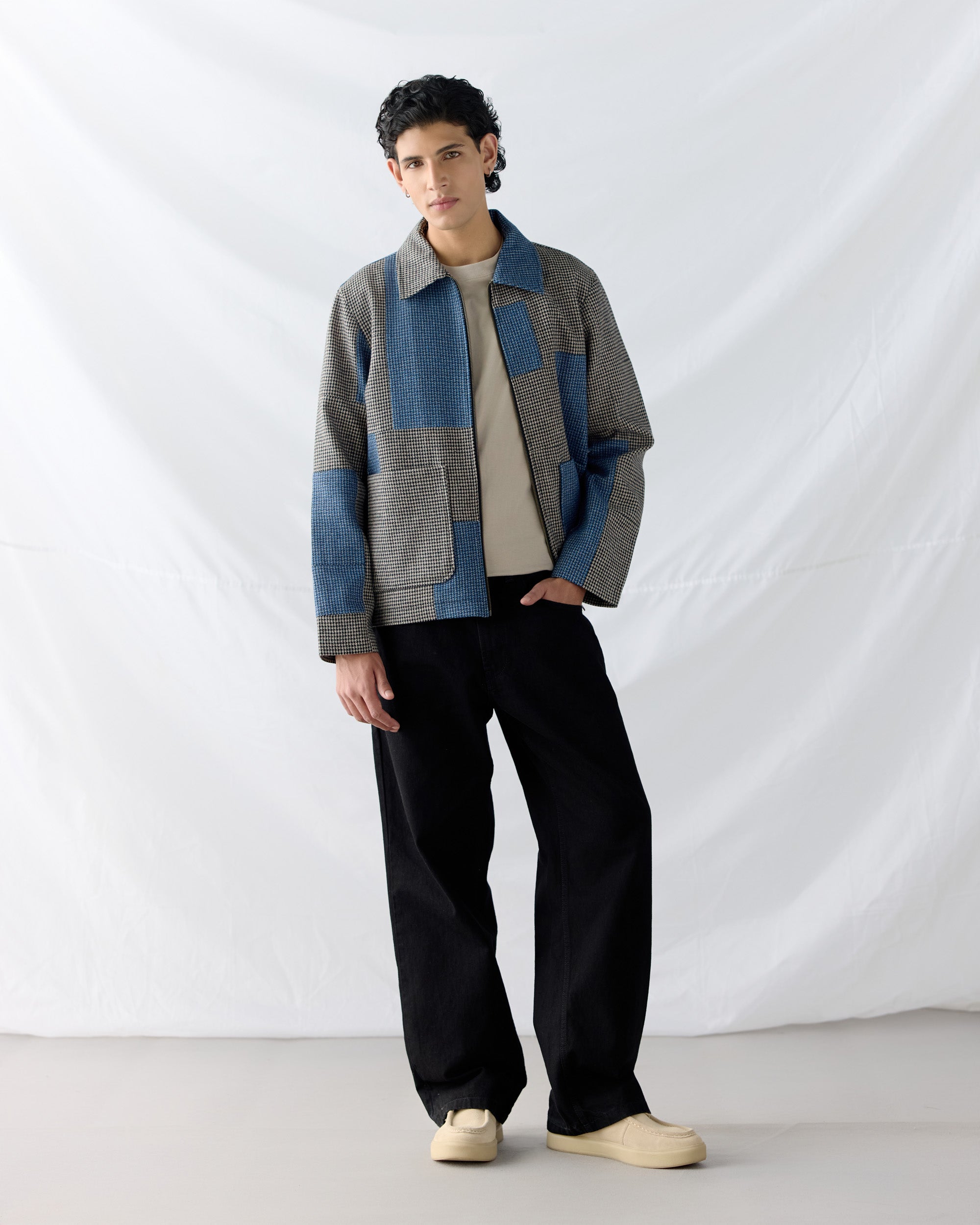 Patchwork wool zip up jacket