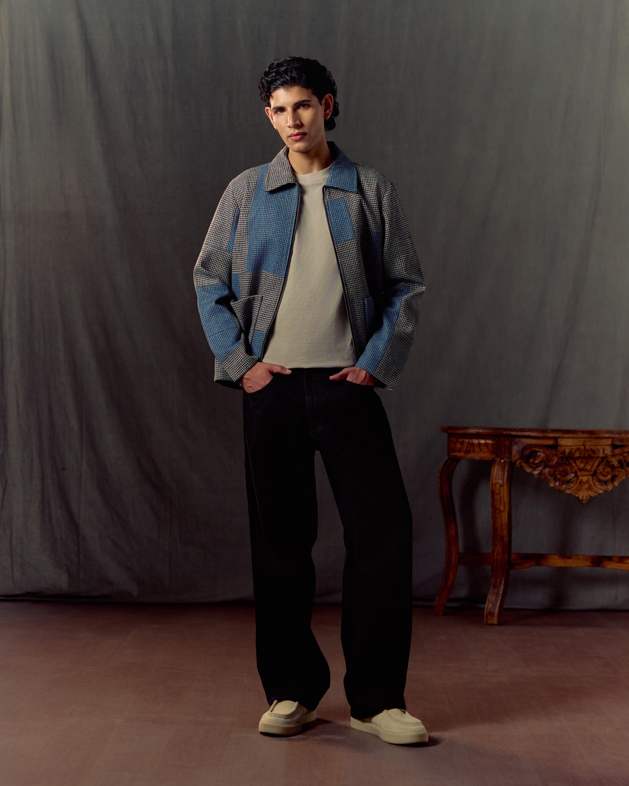 Patchwork wool zip up jacket