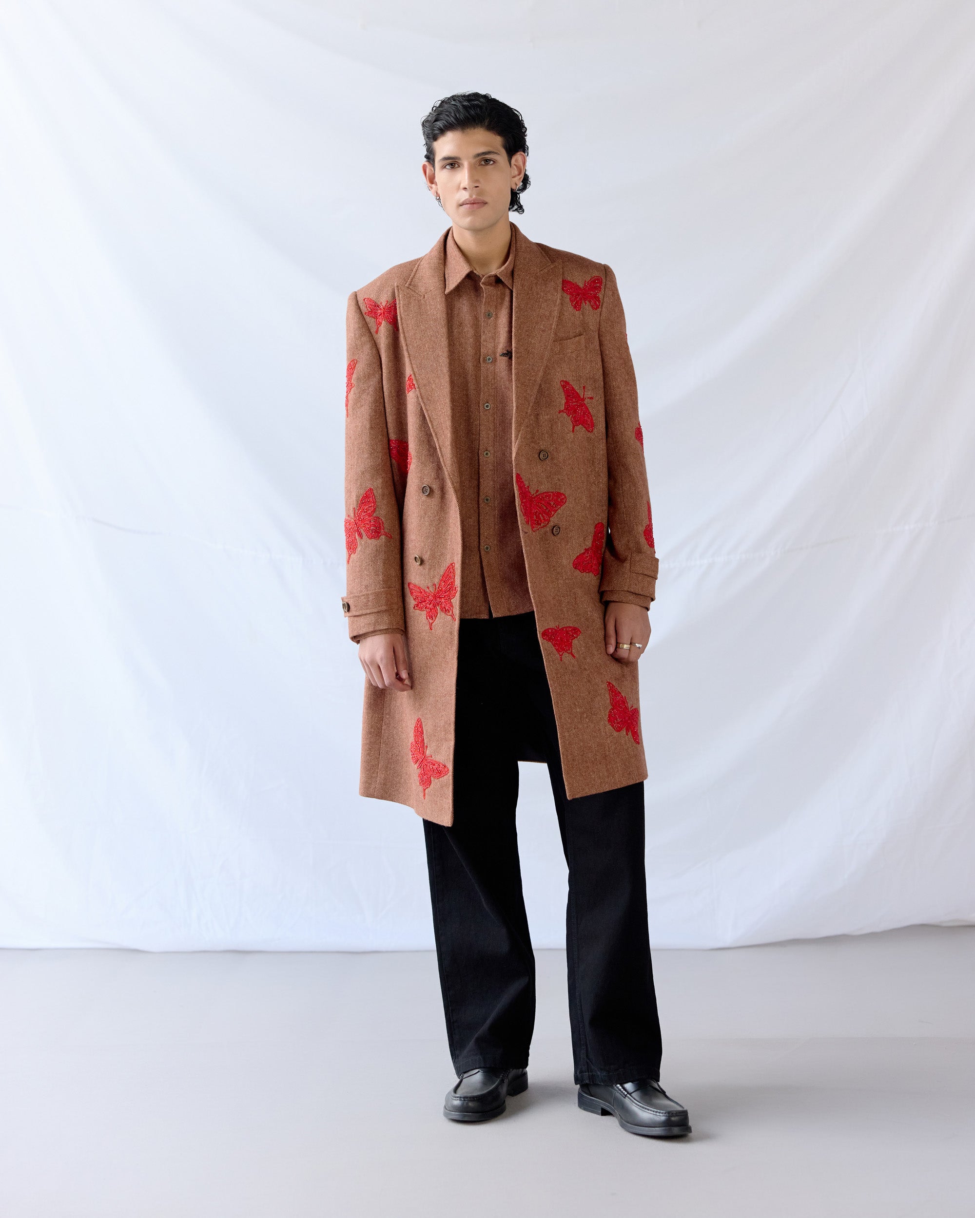 Butterfly Embroidered Wool Overcoat
