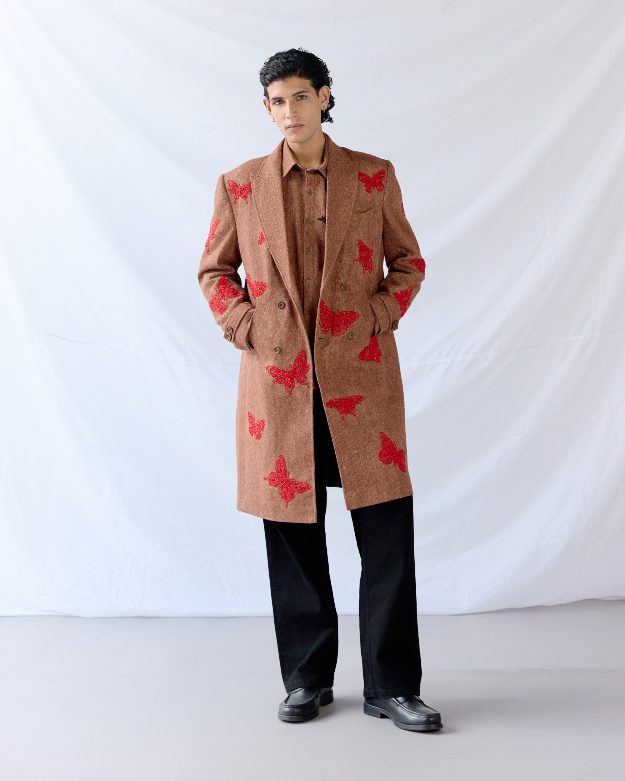 Butterfly Embroidered Wool Overcoat