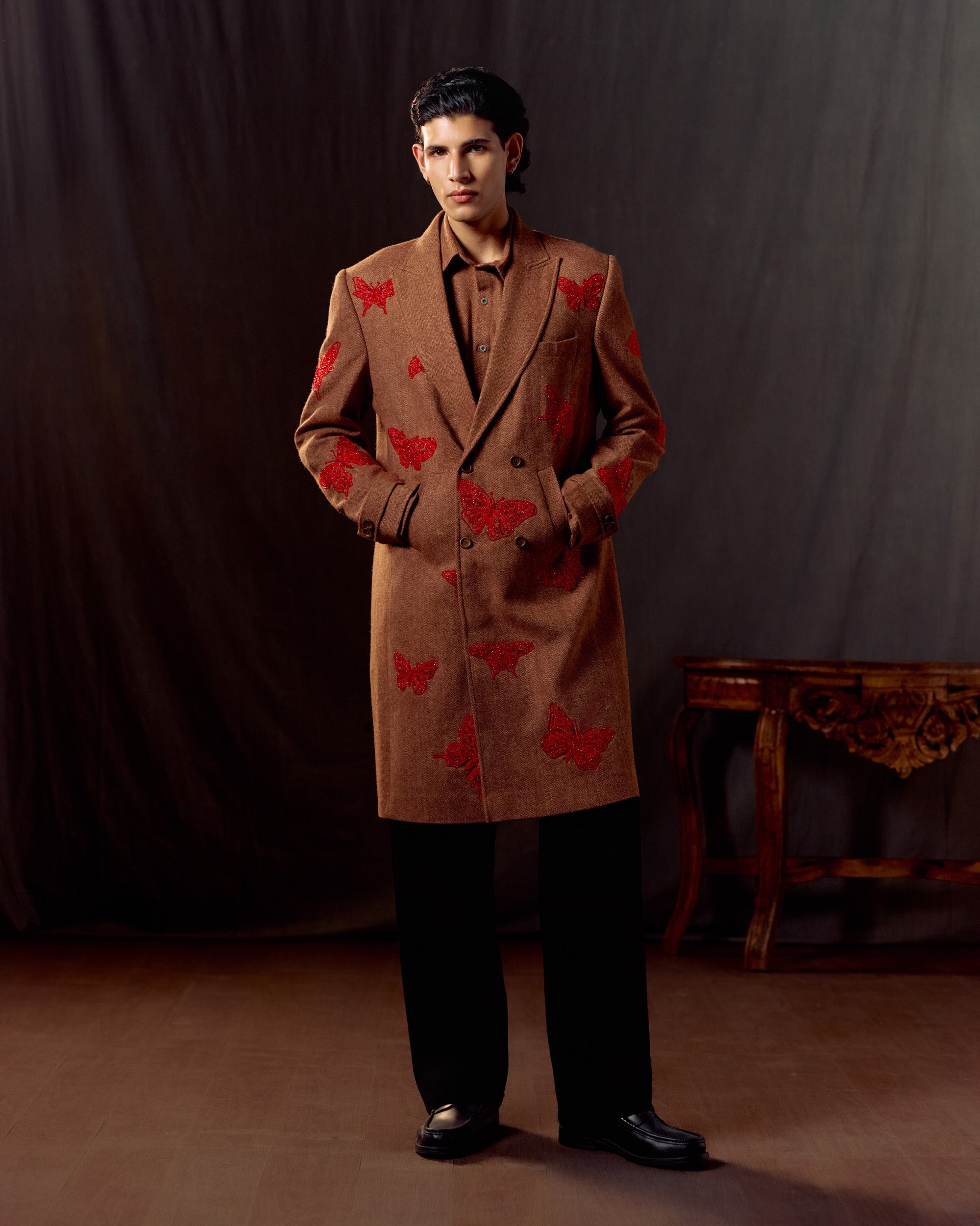 Butterfly Embroidered Wool Overcoat