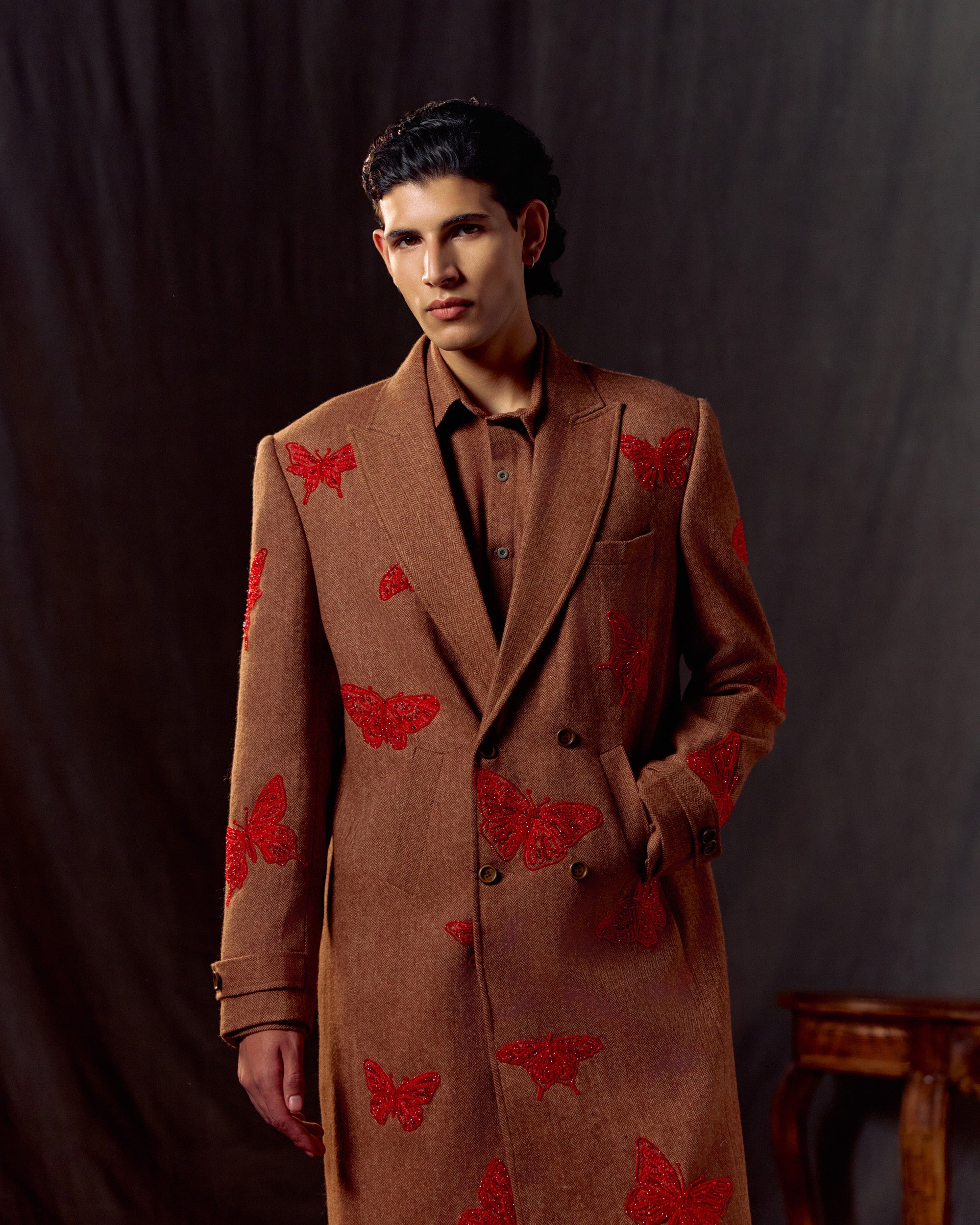 Butterfly Embroidered Wool Overcoat