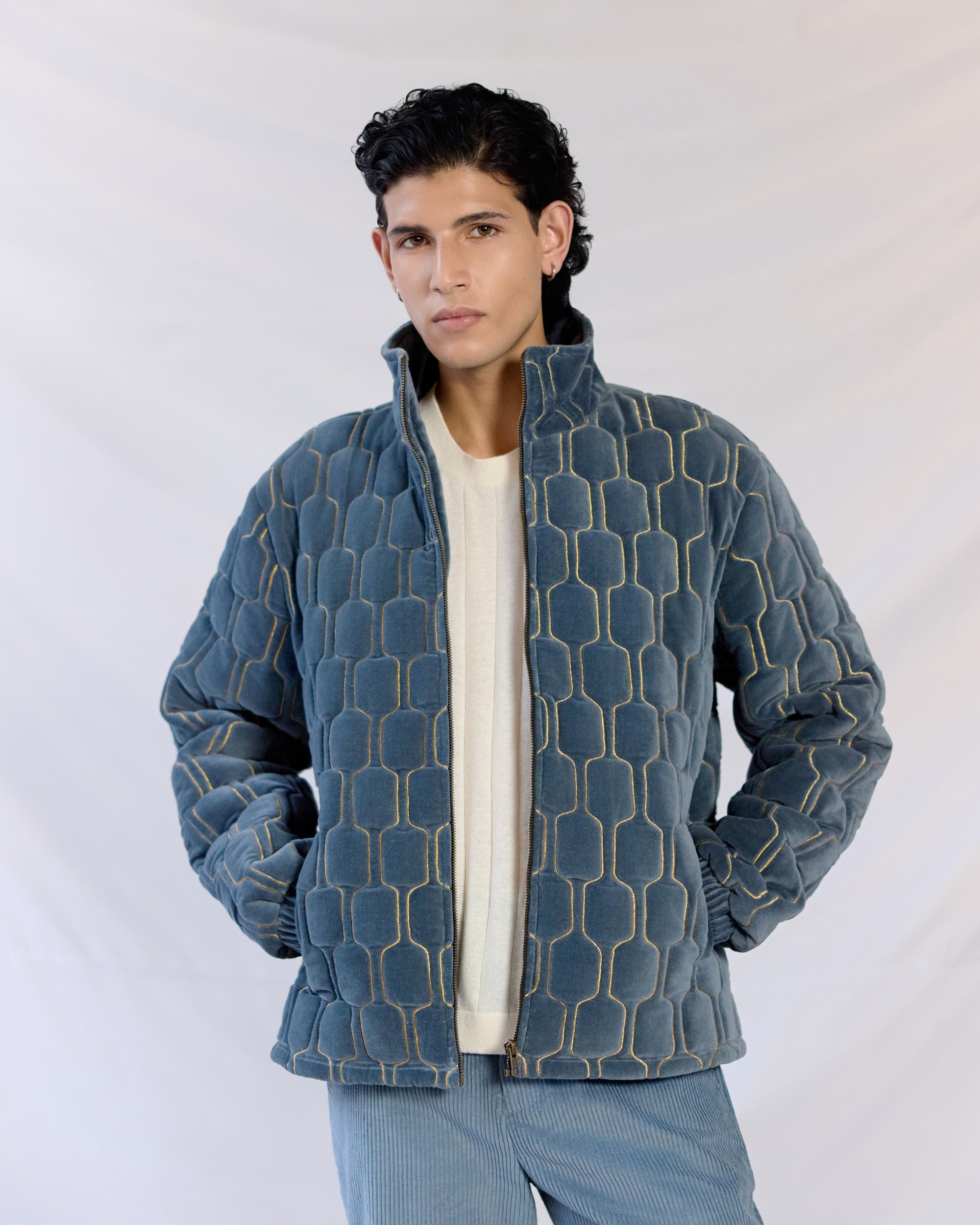 Geo-Quilted Velvet Jacket – Ice blue