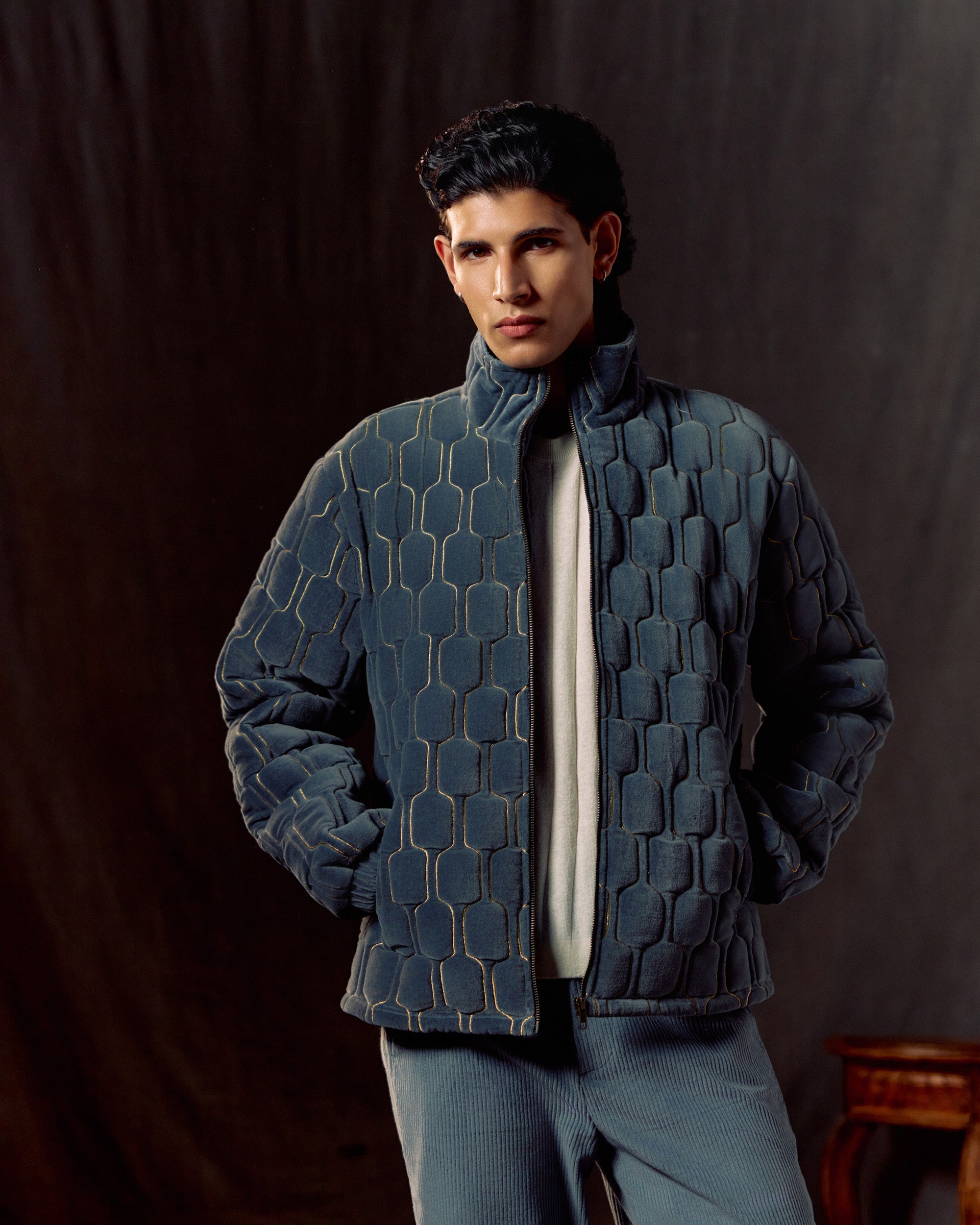 Geo-Quilted Velvet Jacket – Ice blue