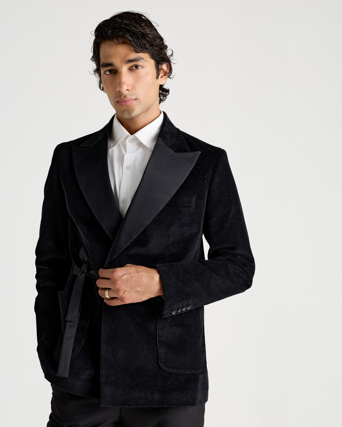 Black Corduroy Double-Breasted Knot-Closure Blazer