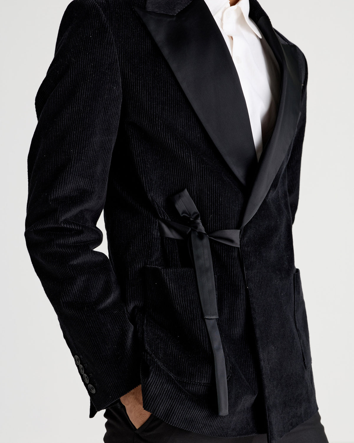 Black Corduroy Double-Breasted Knot-Closure Blazer