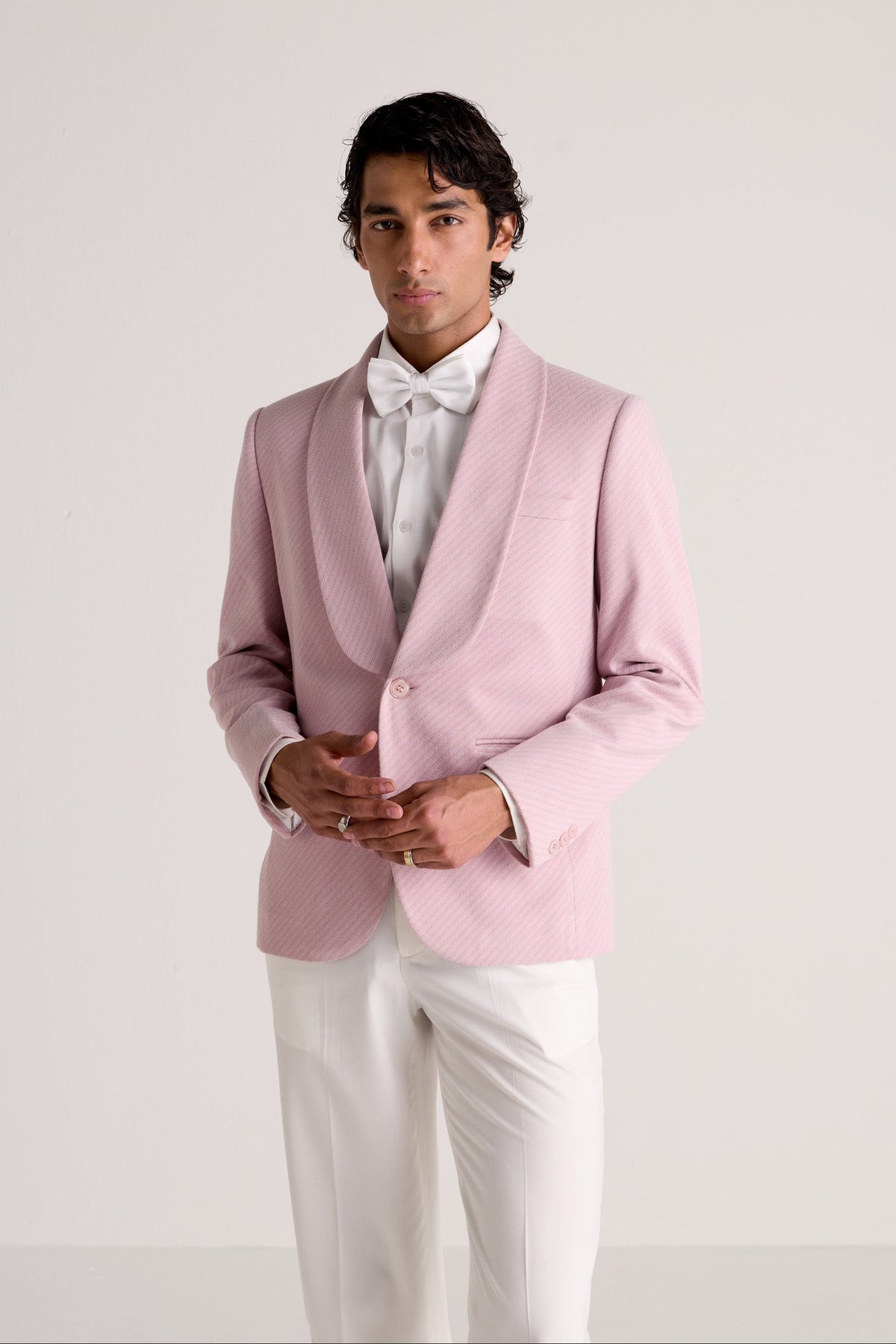 Blush Pink Textured Shawl Collar Blazer