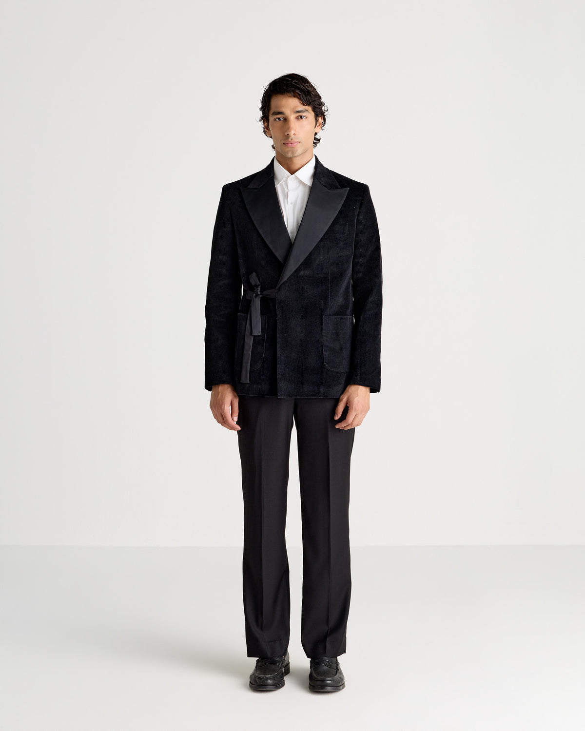 Black Corduroy Double-Breasted Knot-Closure Blazer