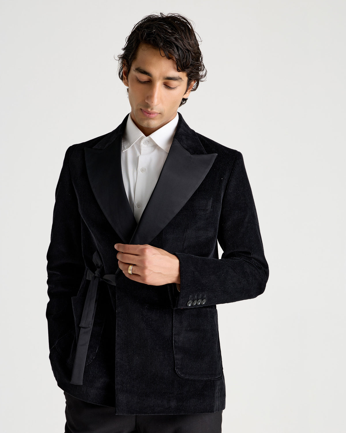 Black Corduroy Double-Breasted Knot-Closure Blazer