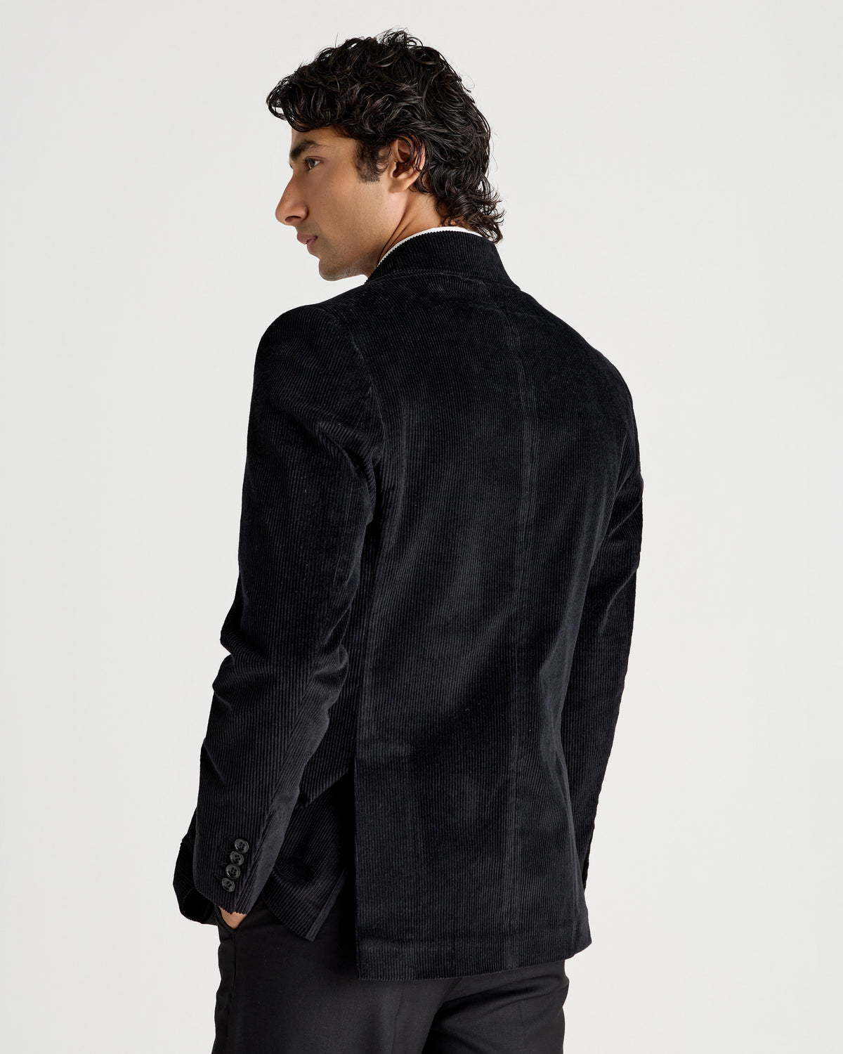Black Corduroy Double-Breasted Knot-Closure Blazer