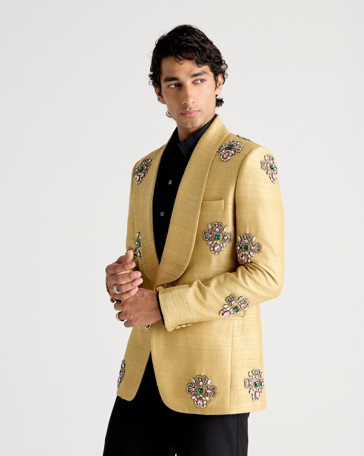 Antique Gold Hand-Embroidered Shawl Collar Blazer