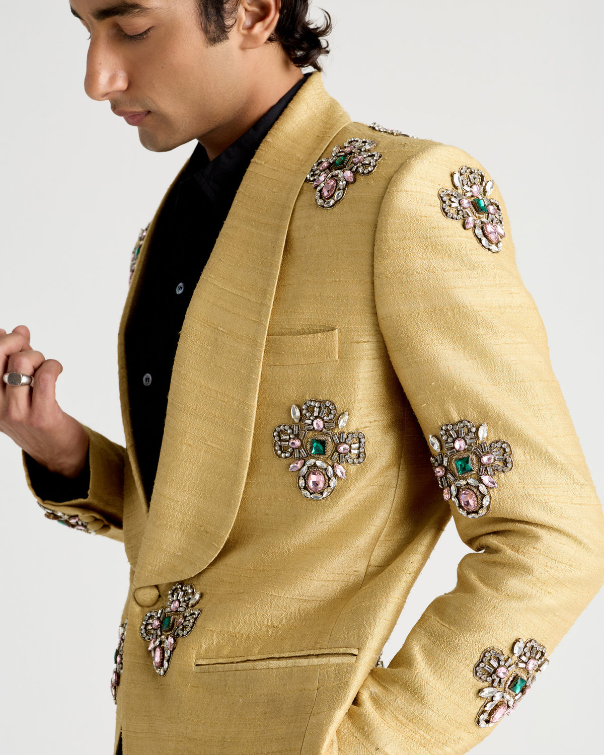 Antique Gold Hand-Embroidered Shawl Collar Blazer