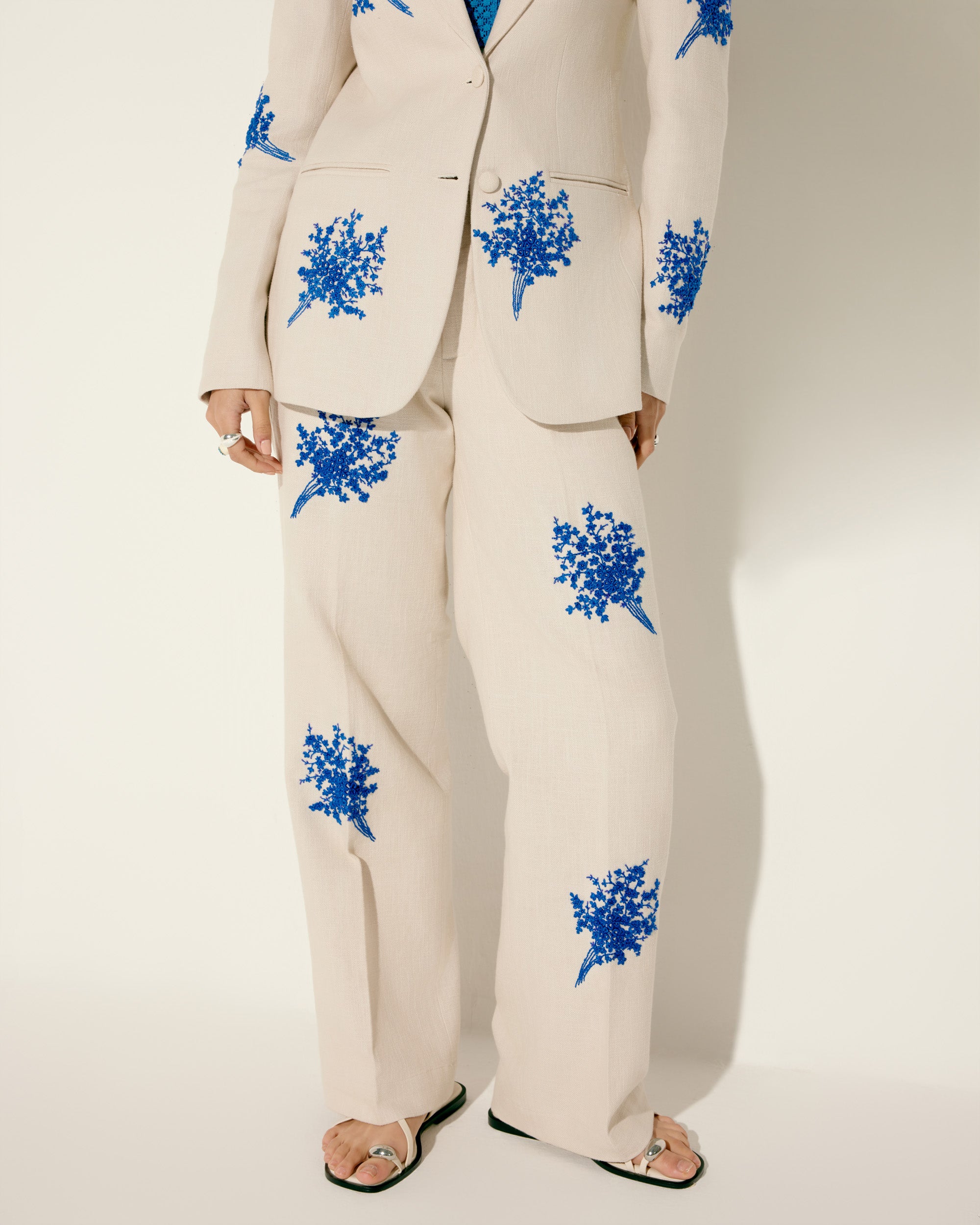 Blue Floral Embroidered Wide Leg Pants