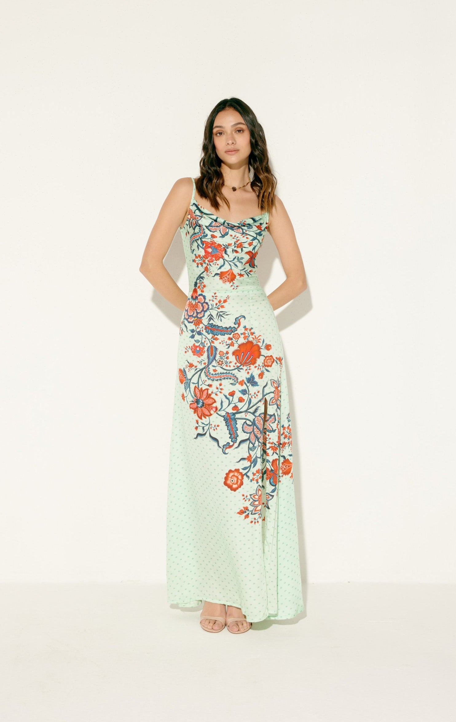 chinese dress ladies Le Siciliy Pleated Cowl Aline Floral Summer Maxi Dress for Women by Perte Dego