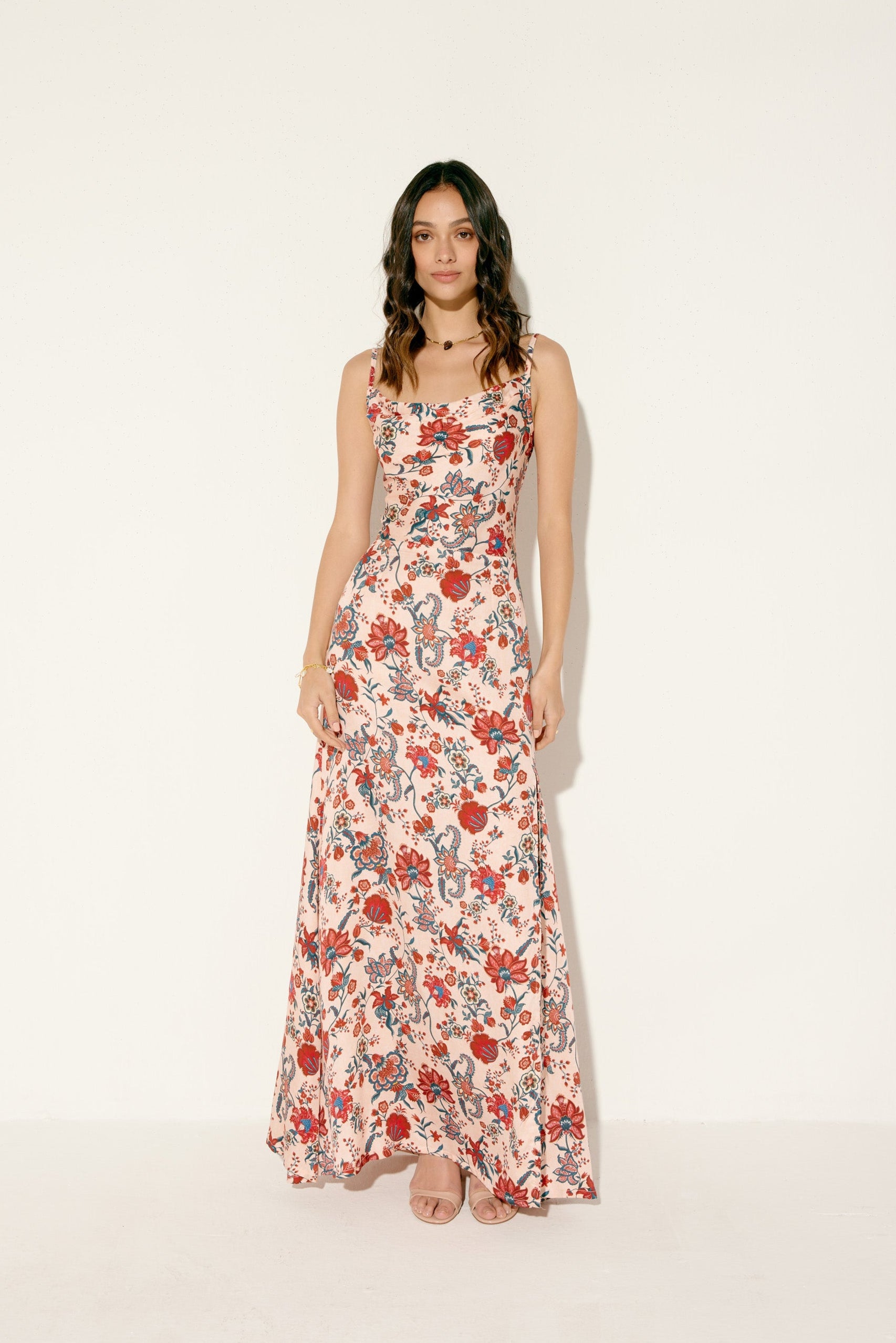 Le Tuscany Pleated Cowl Aline Floral Summer Maxi Dress for Women by Perte Dego