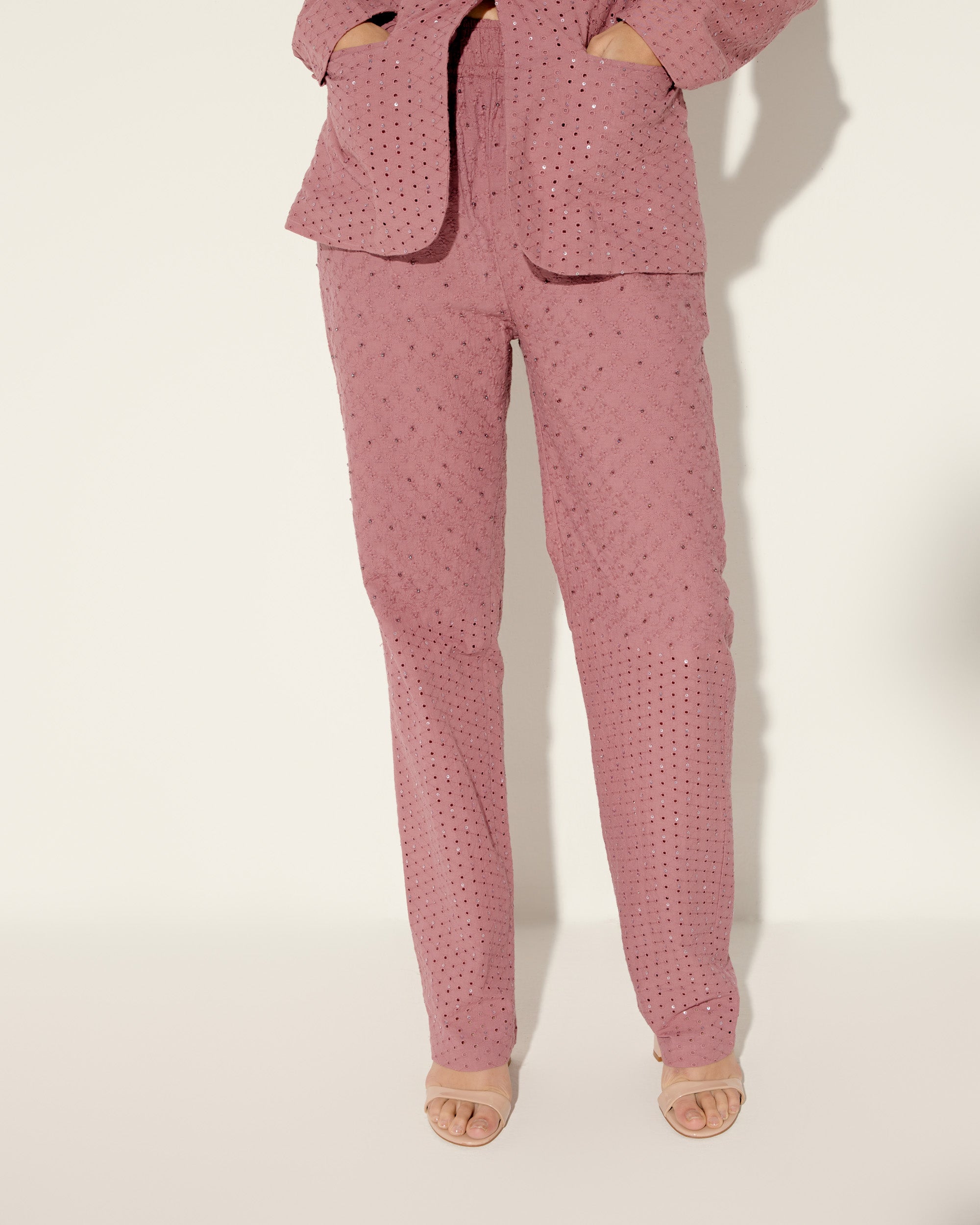 Coral pink hand embroidered pants