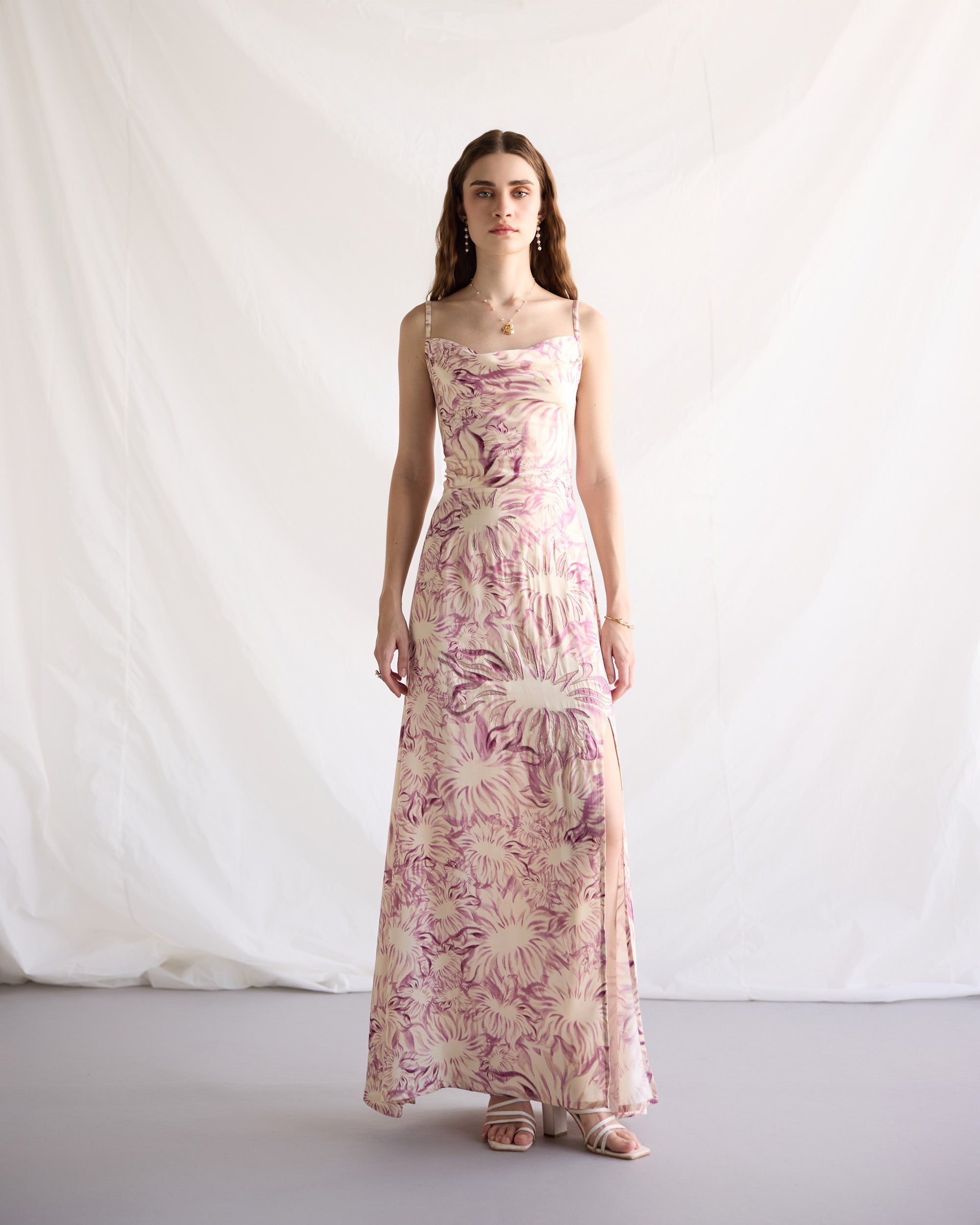 Lavender Floral Embellished Pleated Cowl Aline Summer Maxi Dress for Women by Perte Dego