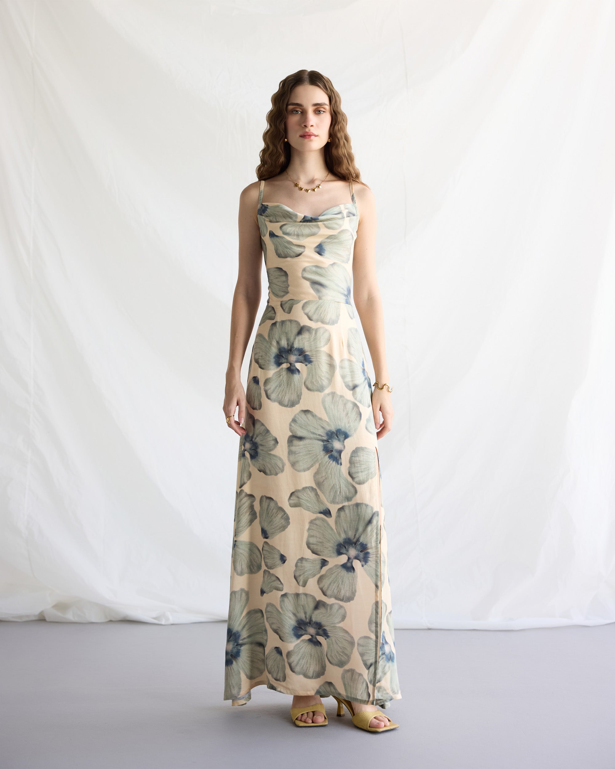 Ocean Bloom Pleated Cowl Aline Dress