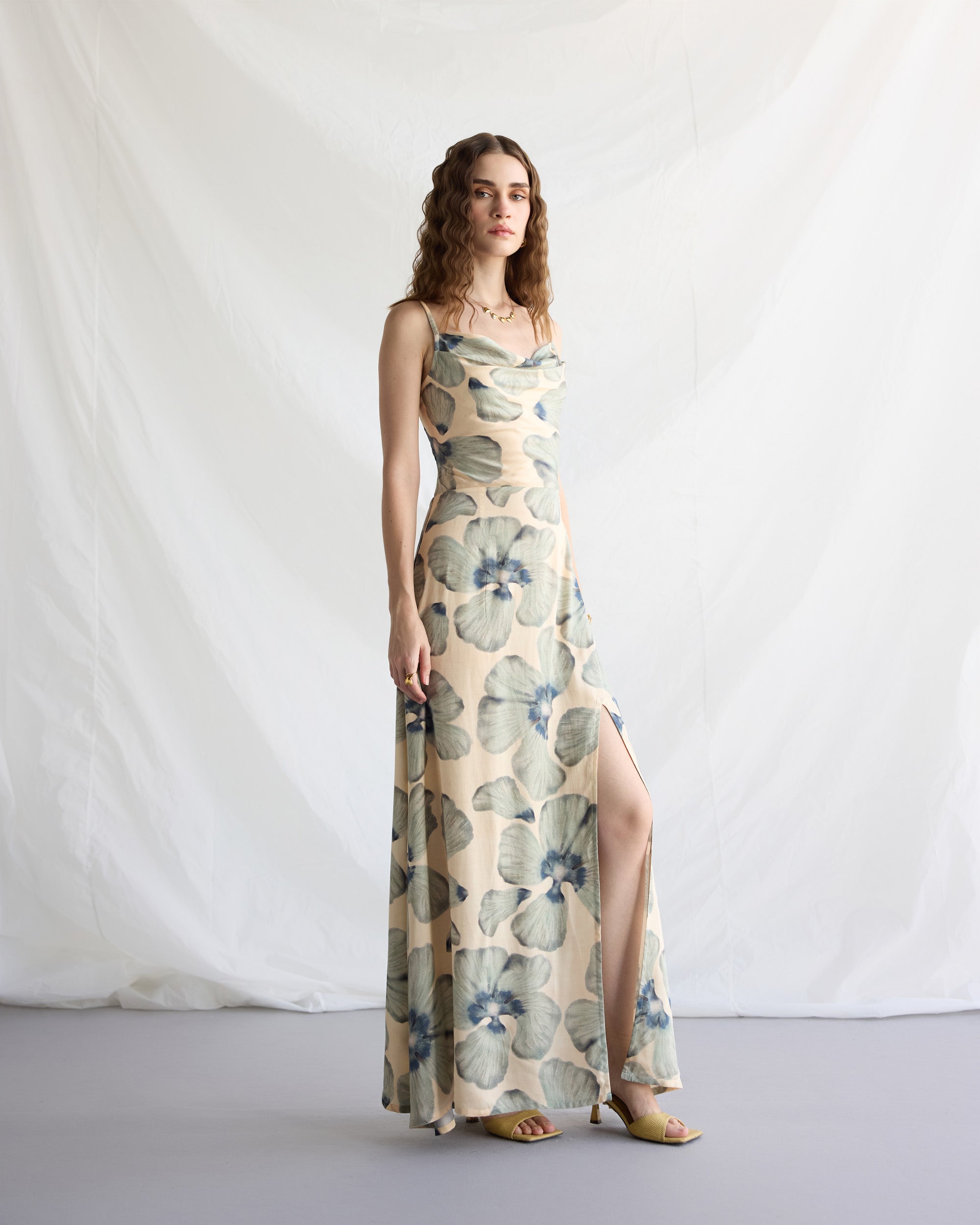 "Ocean Bloom" Pleated Cowl Aline Dress