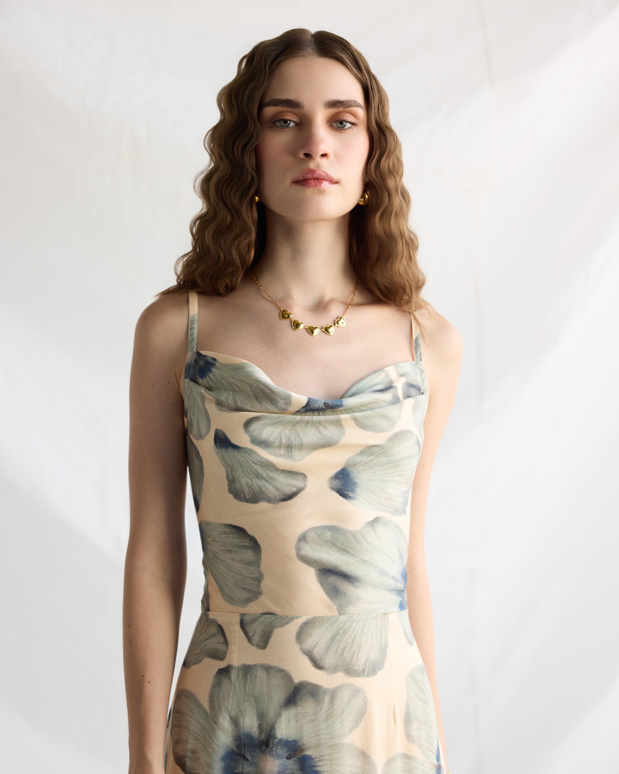 "Ocean Bloom" Pleated Cowl Aline Dress