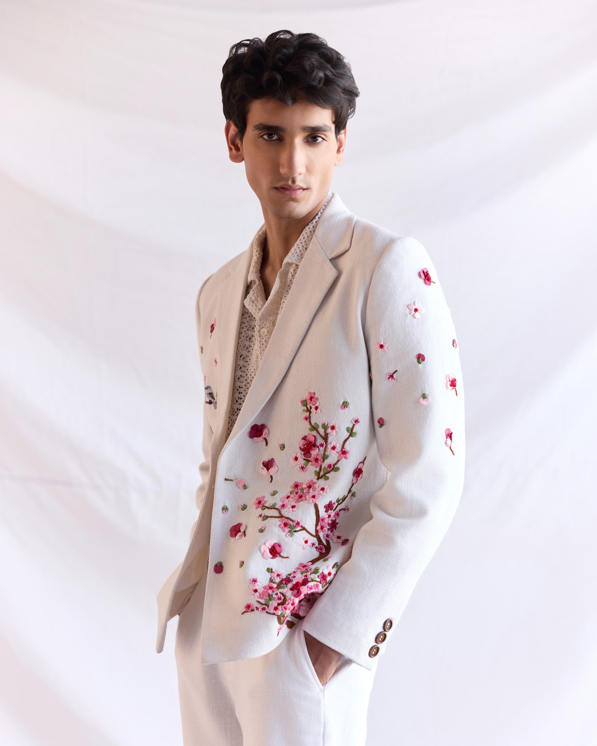 "Cherry blossoms" hand embroidered resort blazer