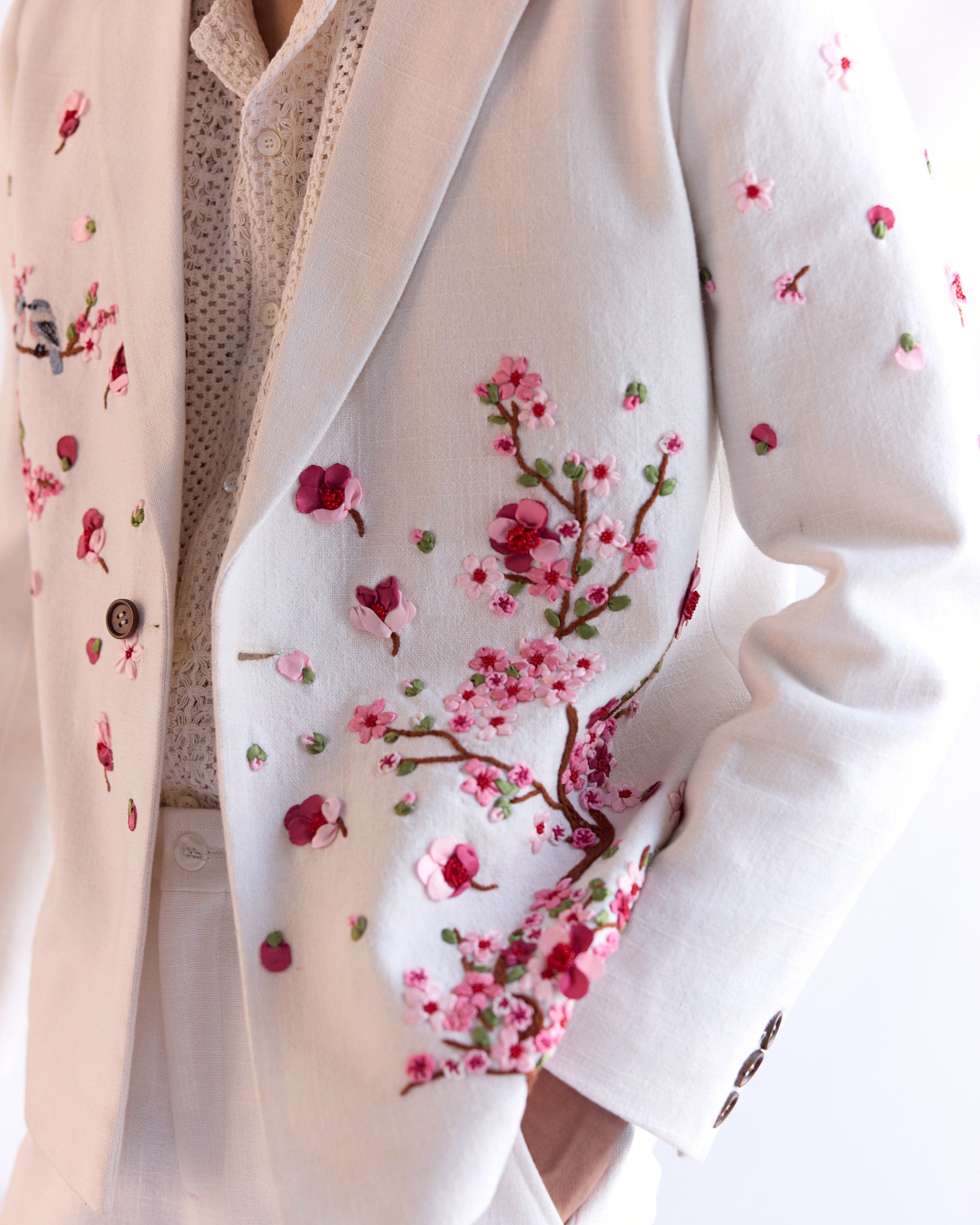 "Cherry blossoms" hand embroidered resort blazer