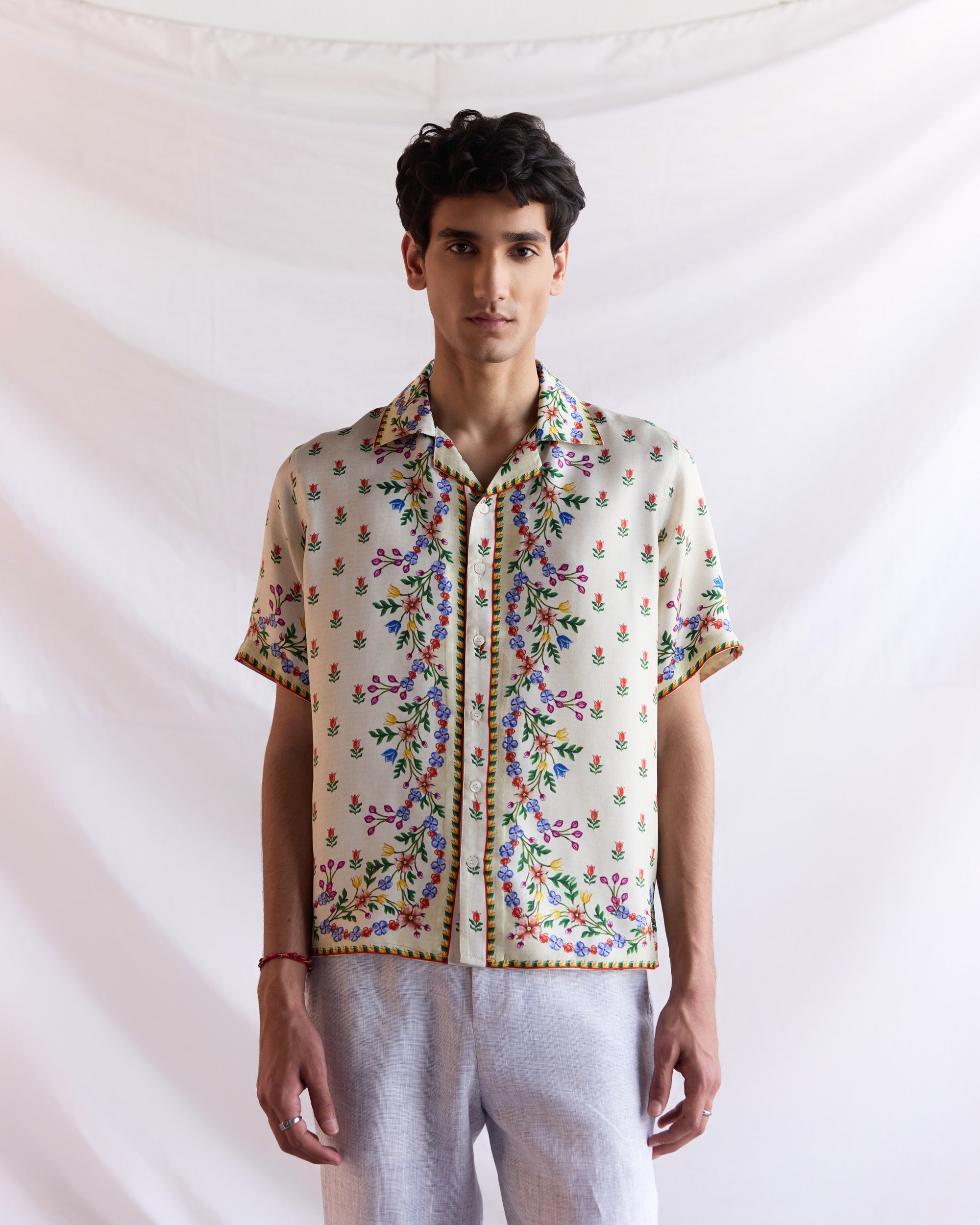 Floral border silk shirt