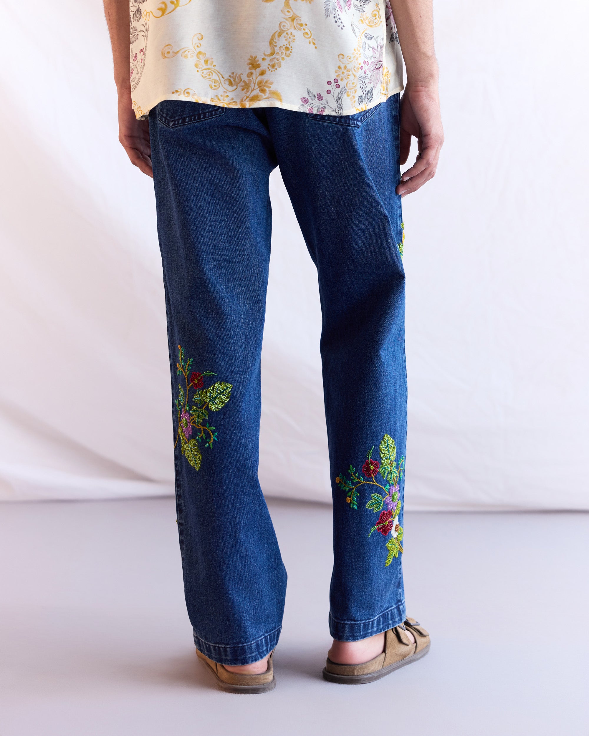 Hand embroidered floral straight fit jeans
