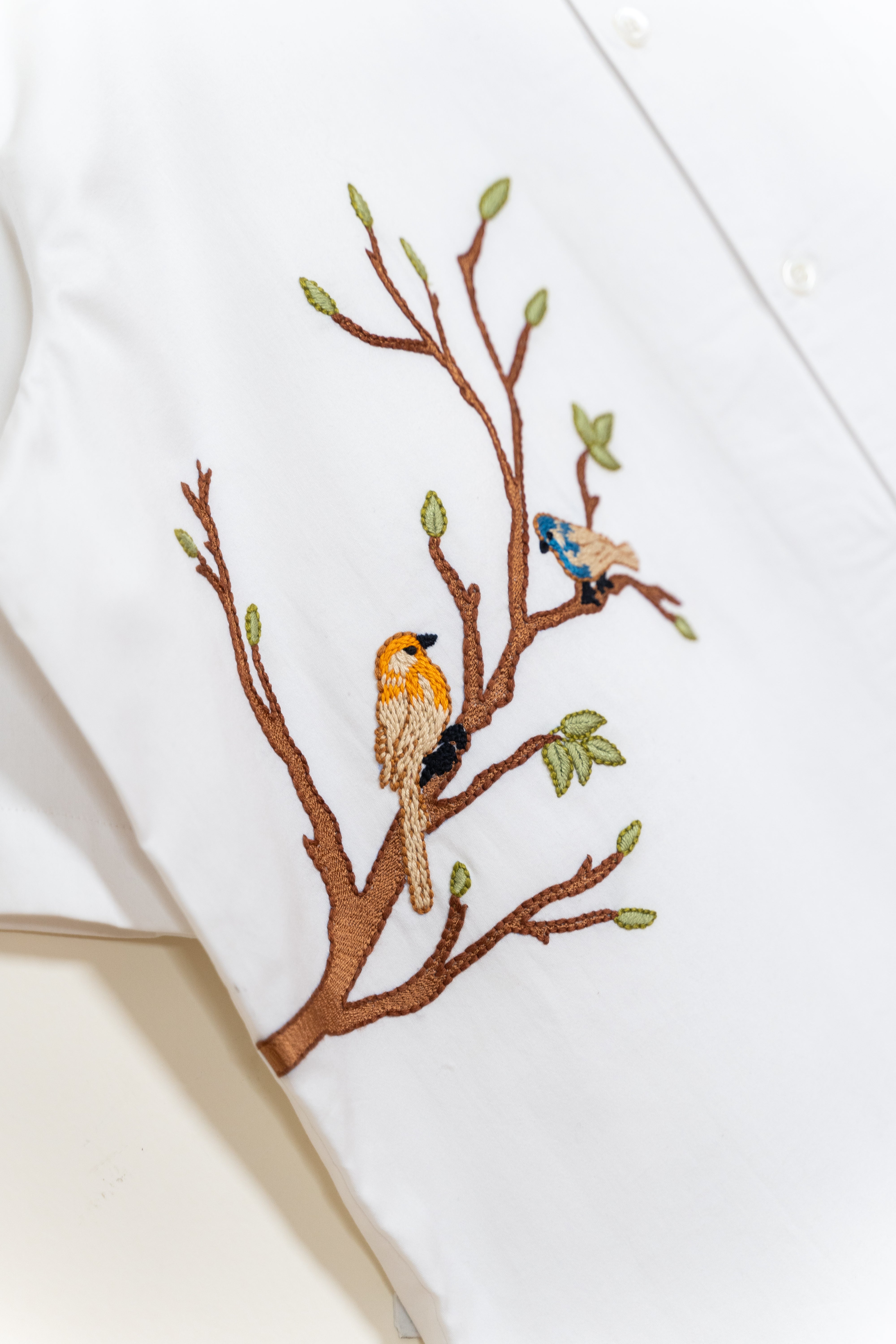 "Heron & Song" hand embroidered shirt