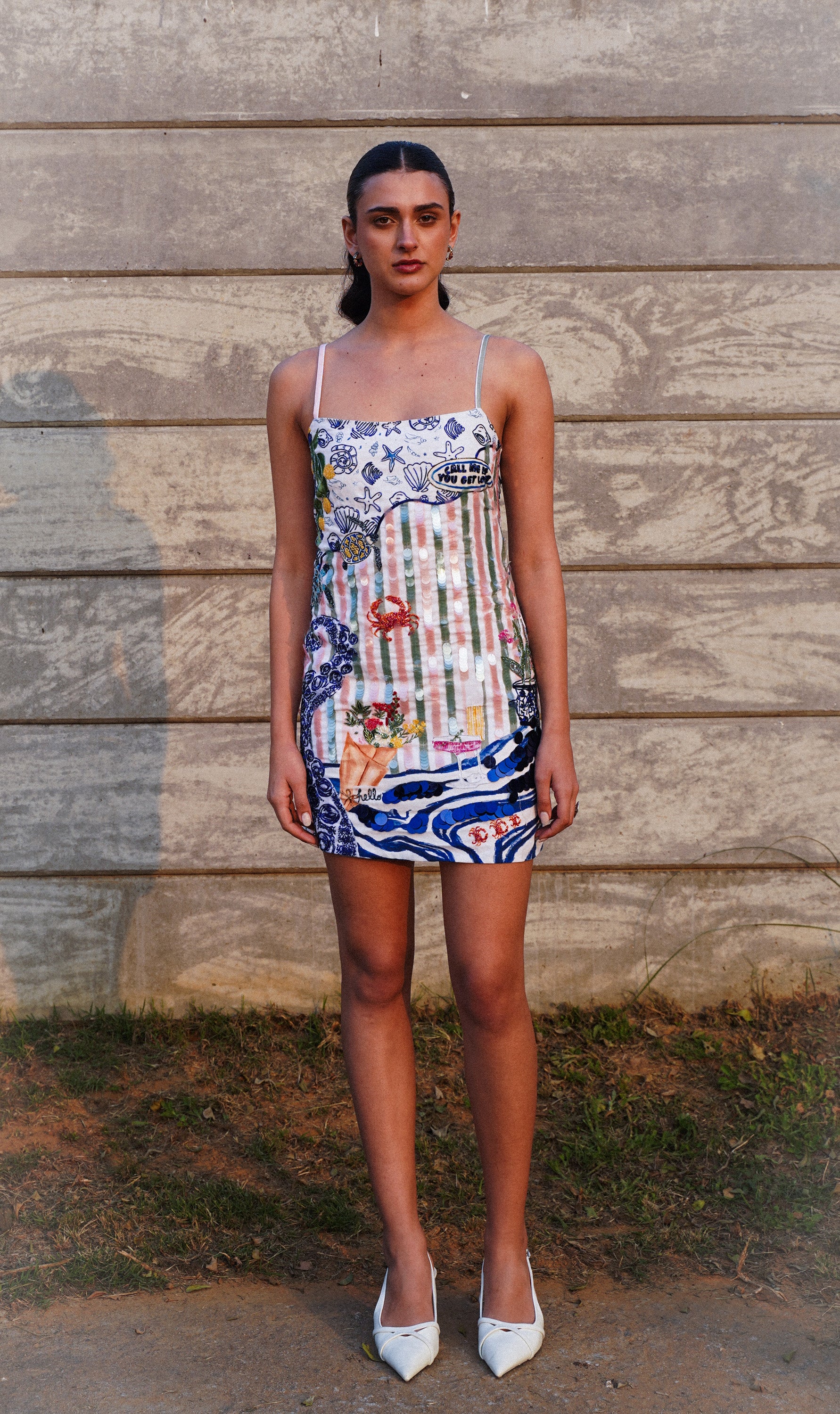 "Call me if you get lost" hand embroidered dress