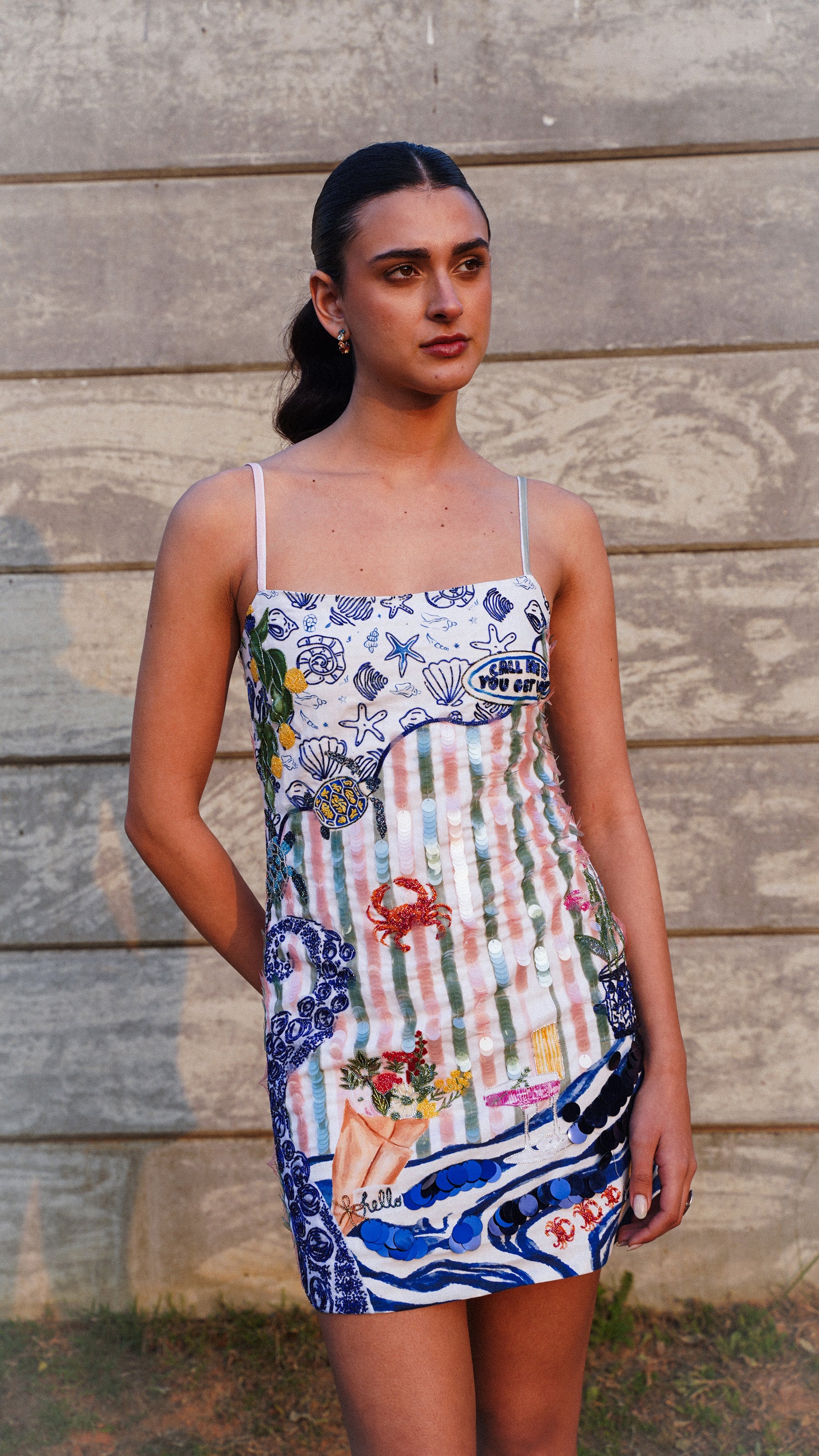 "Call me if you get lost" hand embroidered dress