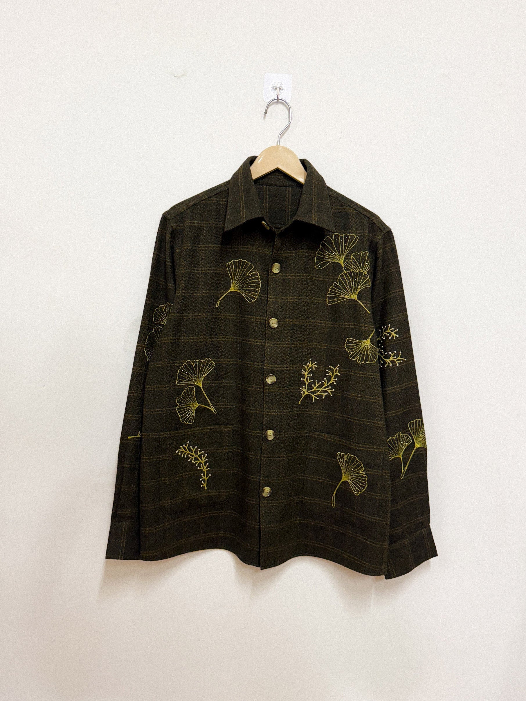 Wild flowers hand embroidered wool overshirt