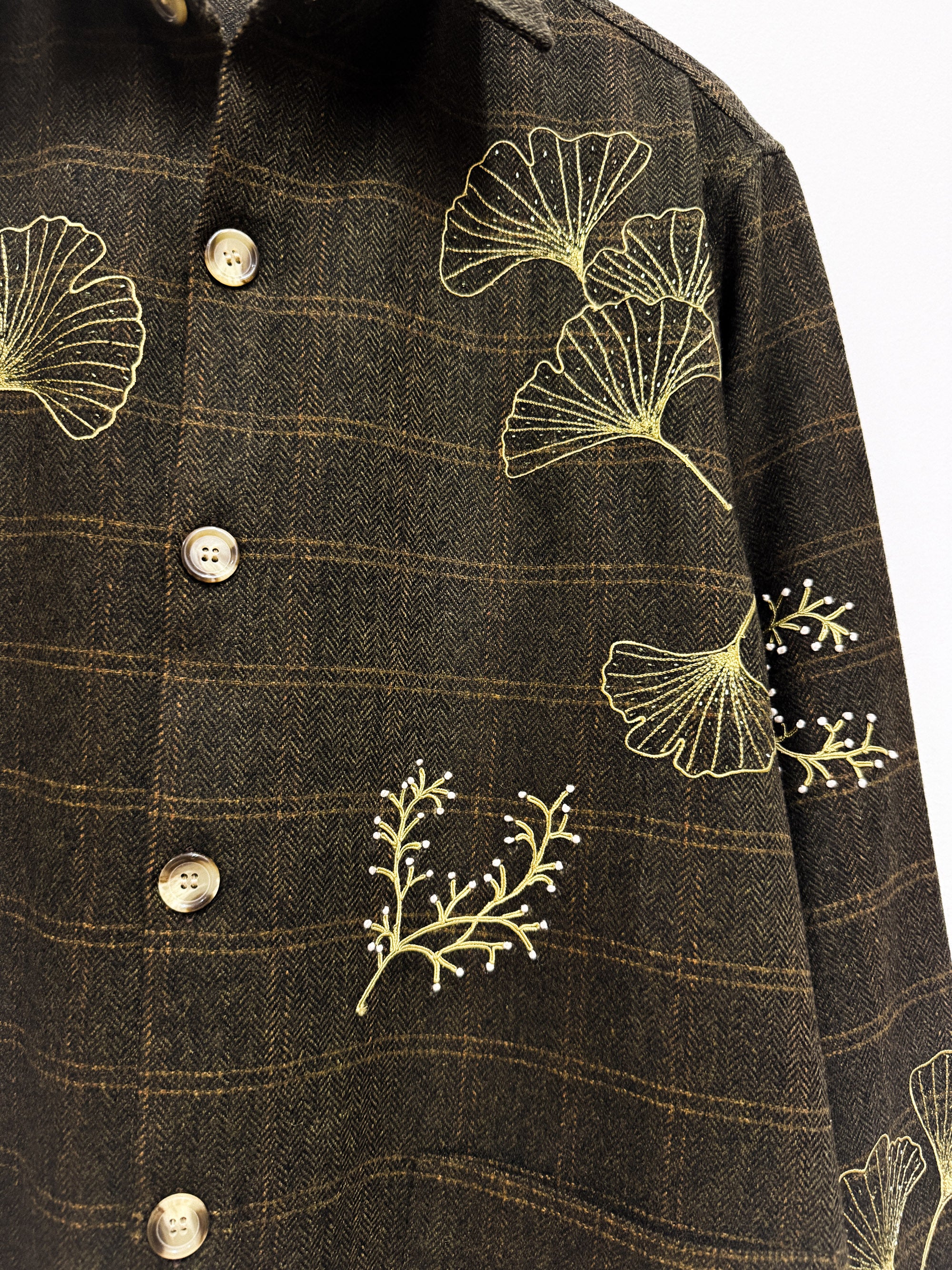 Wild flowers hand embroidered wool overshirt