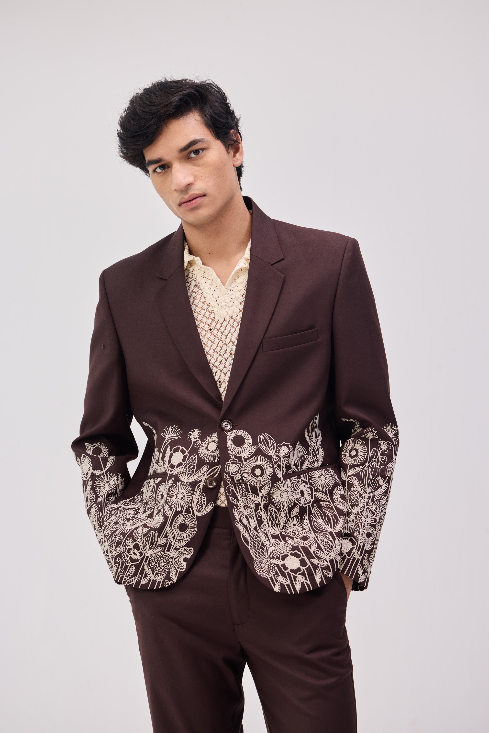 Chocolate Brown Floral Embroidered Casual Wedding Blazer