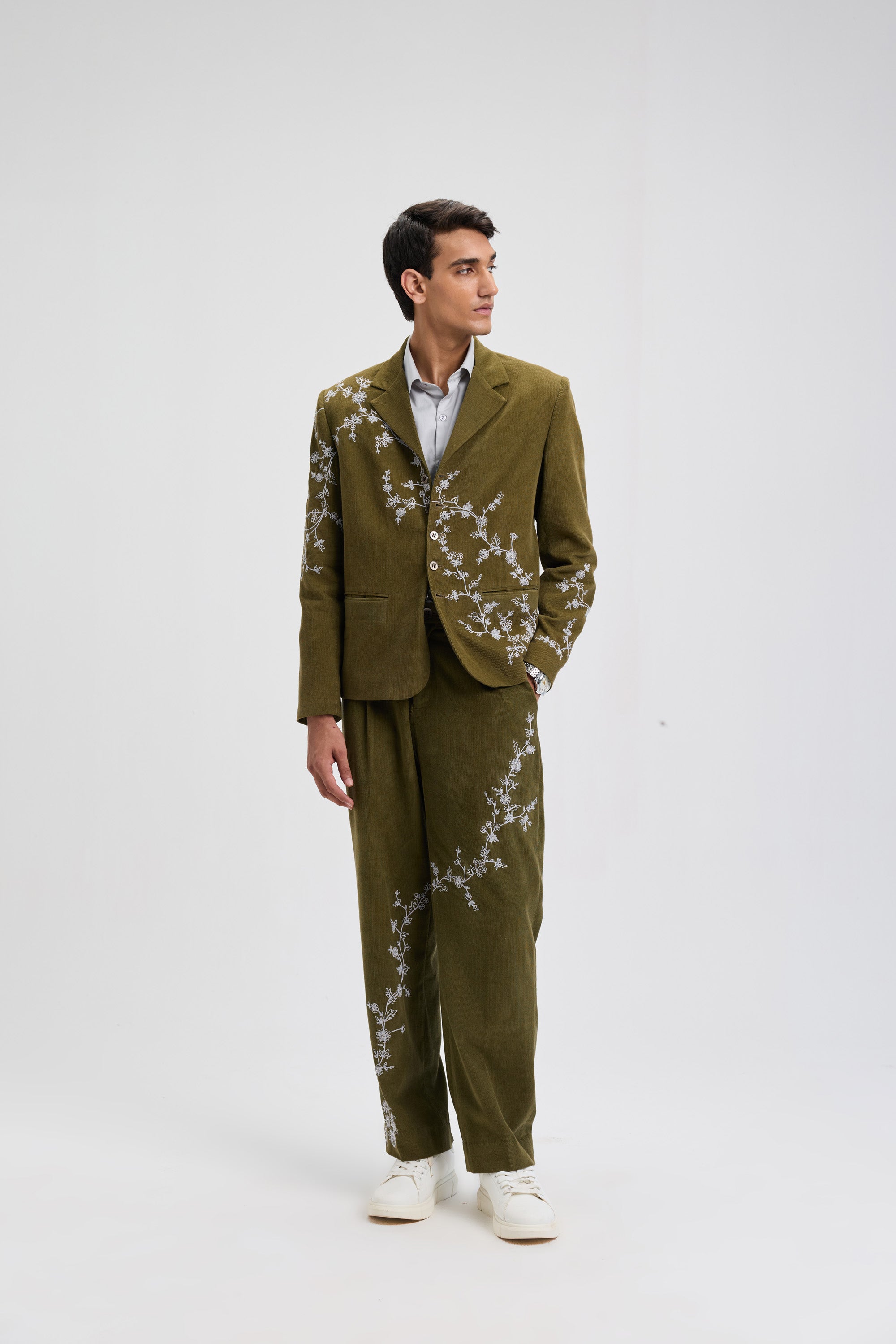 Verdant Vine Embroidered Corduroy Blazer