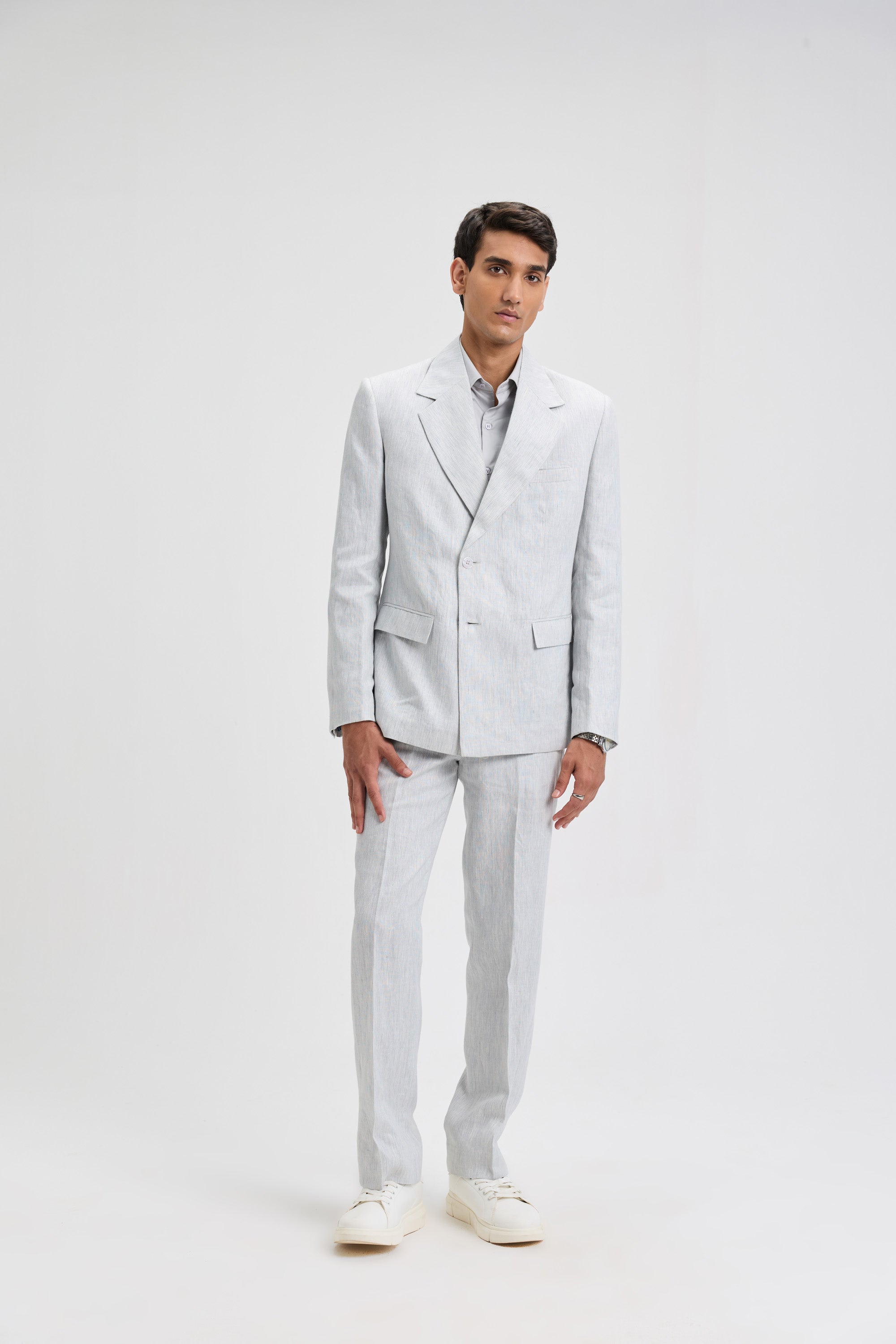 Classic Double-Breasted Linen Blazer- Light Grey