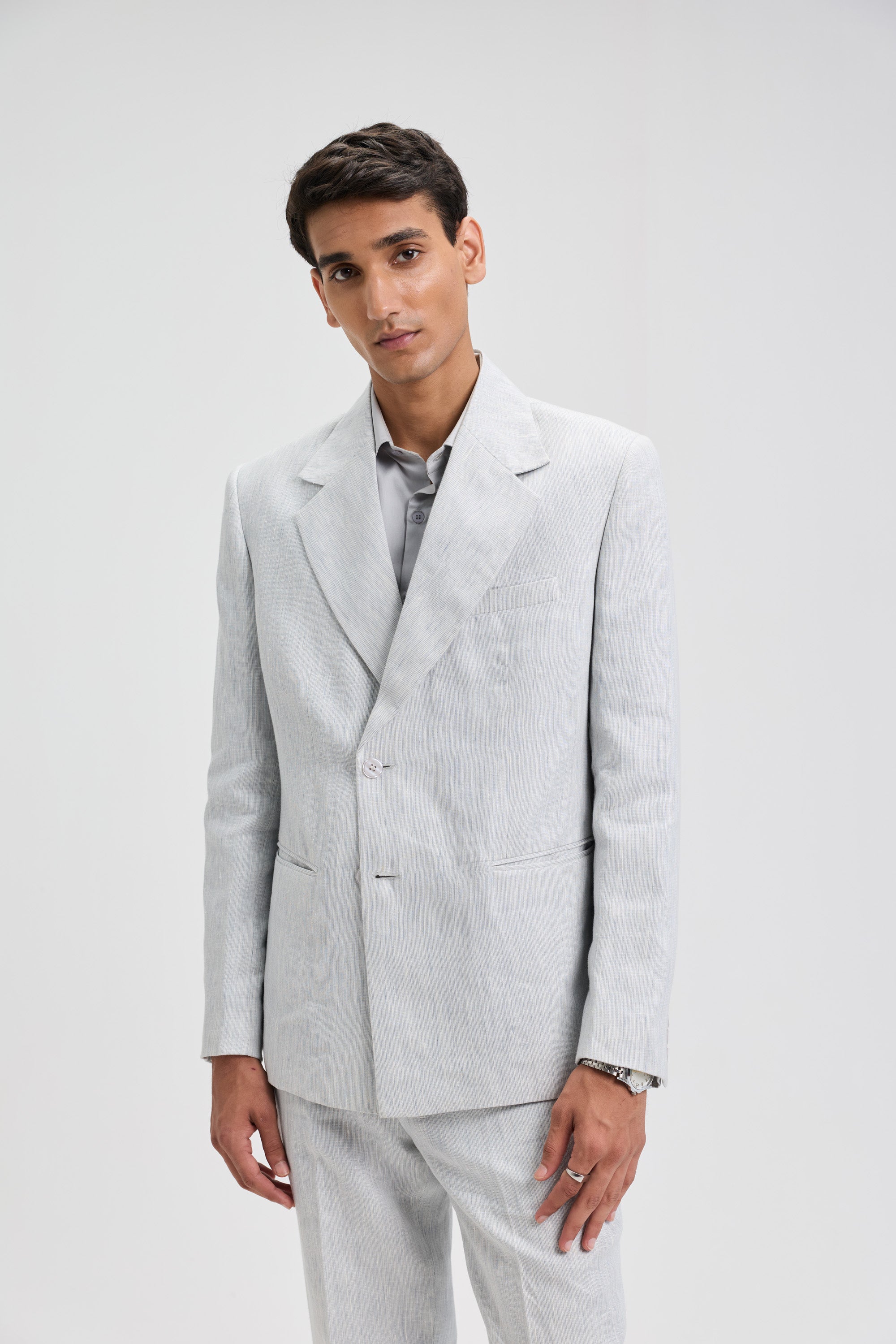 Classic Double-Breasted Linen Blazer- Light Grey