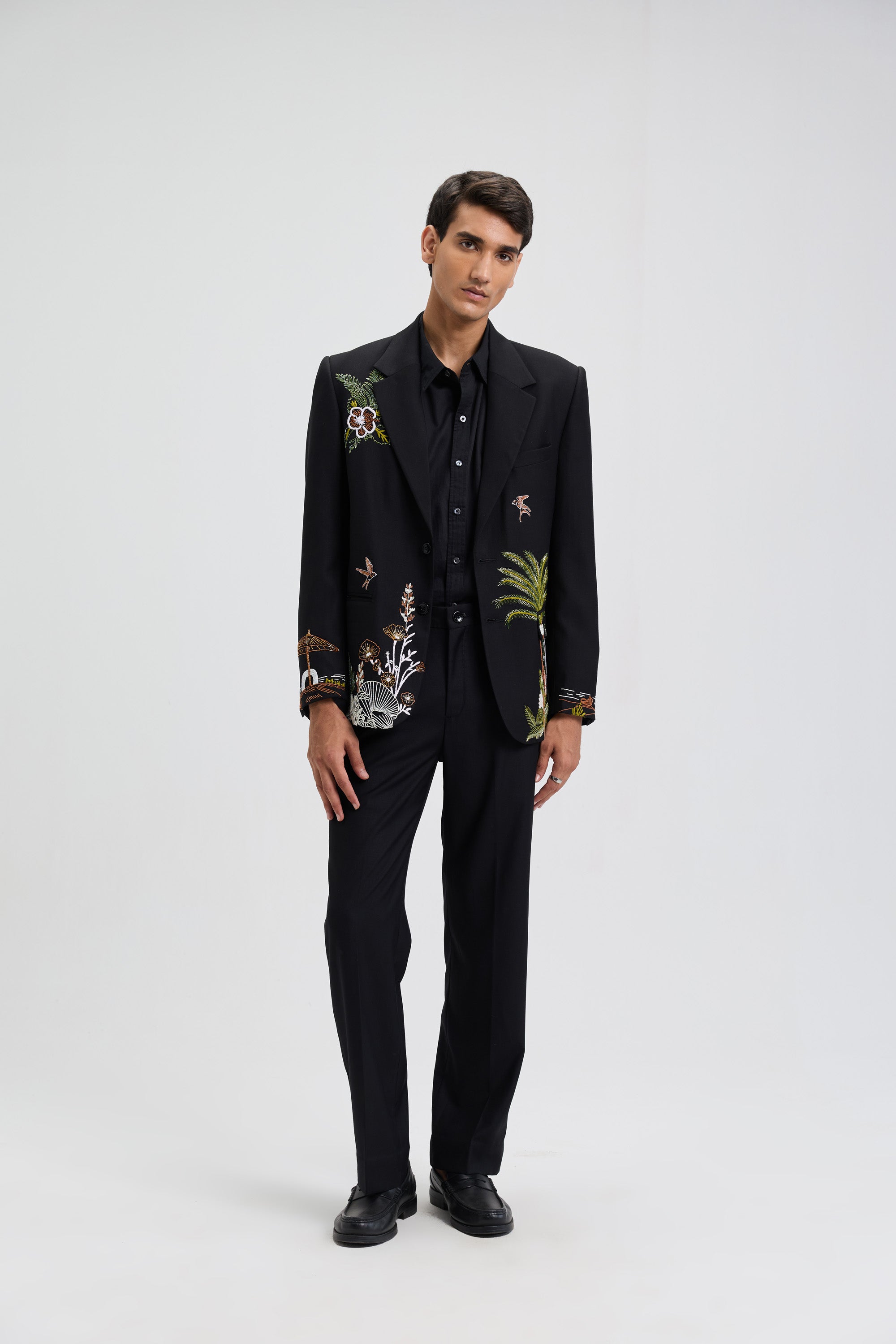 Tropical hand embroidered blazer- Black