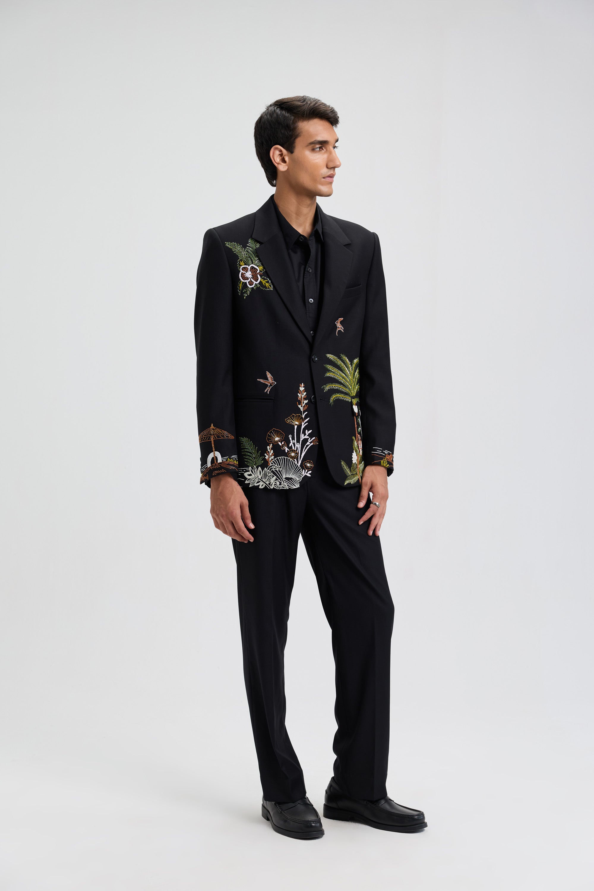 Tropical hand embroidered blazer- Black