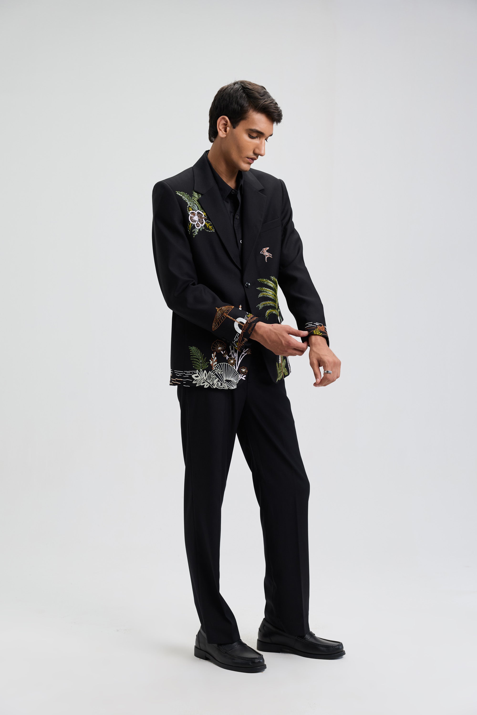 Tropical hand embroidered blazer- Black