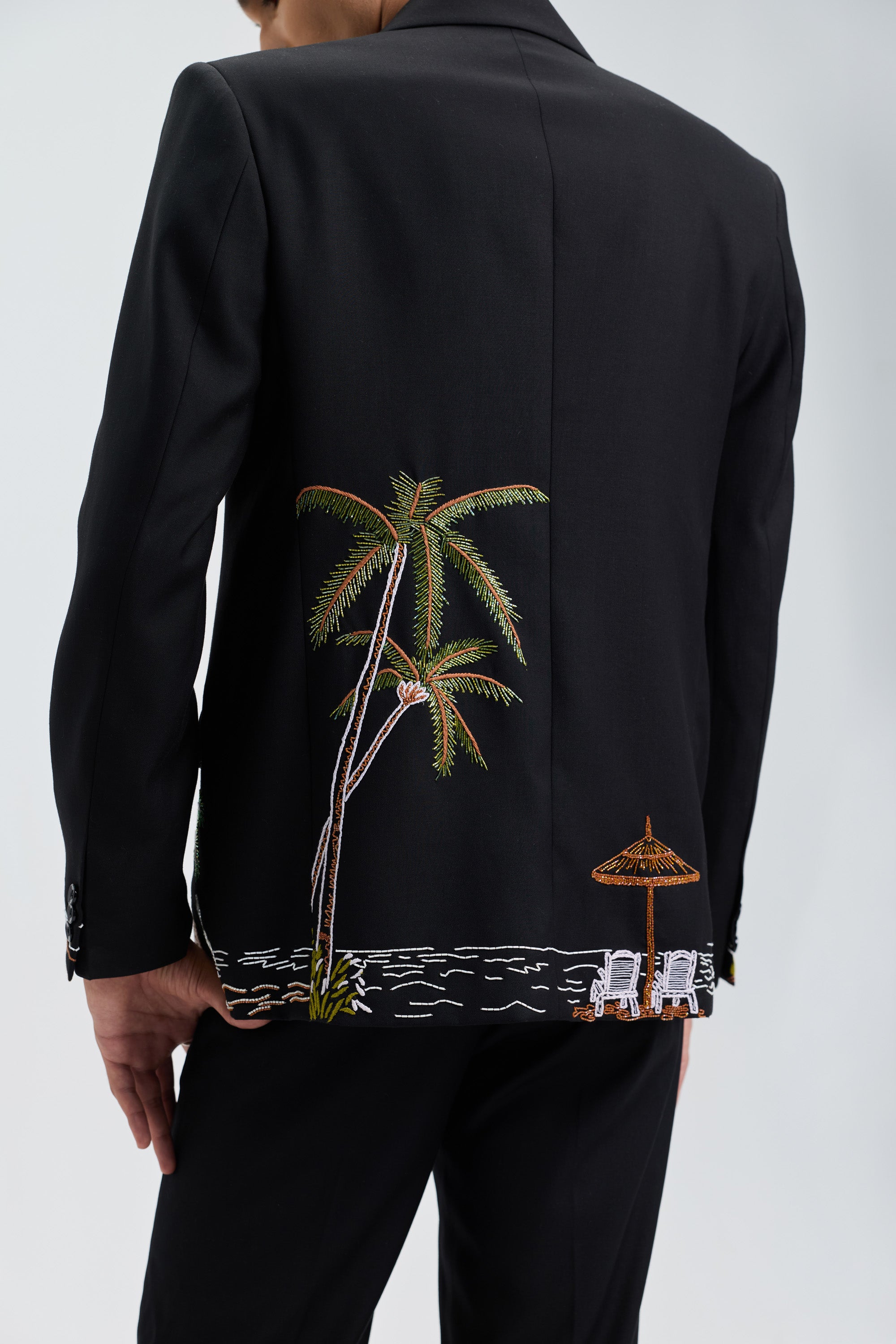 Tropical hand embroidered blazer- Black