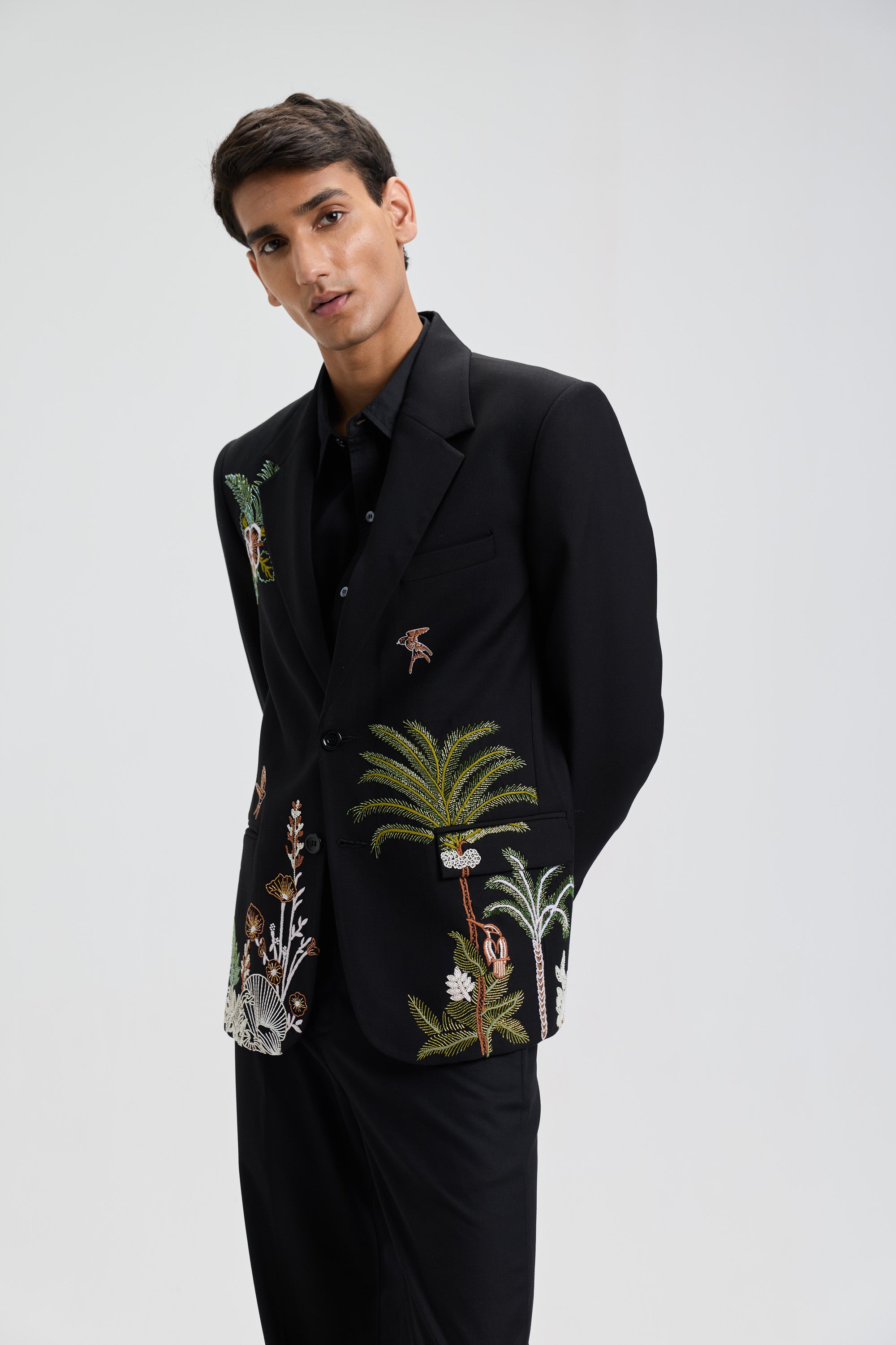 Tropical hand embroidered blazer- Black